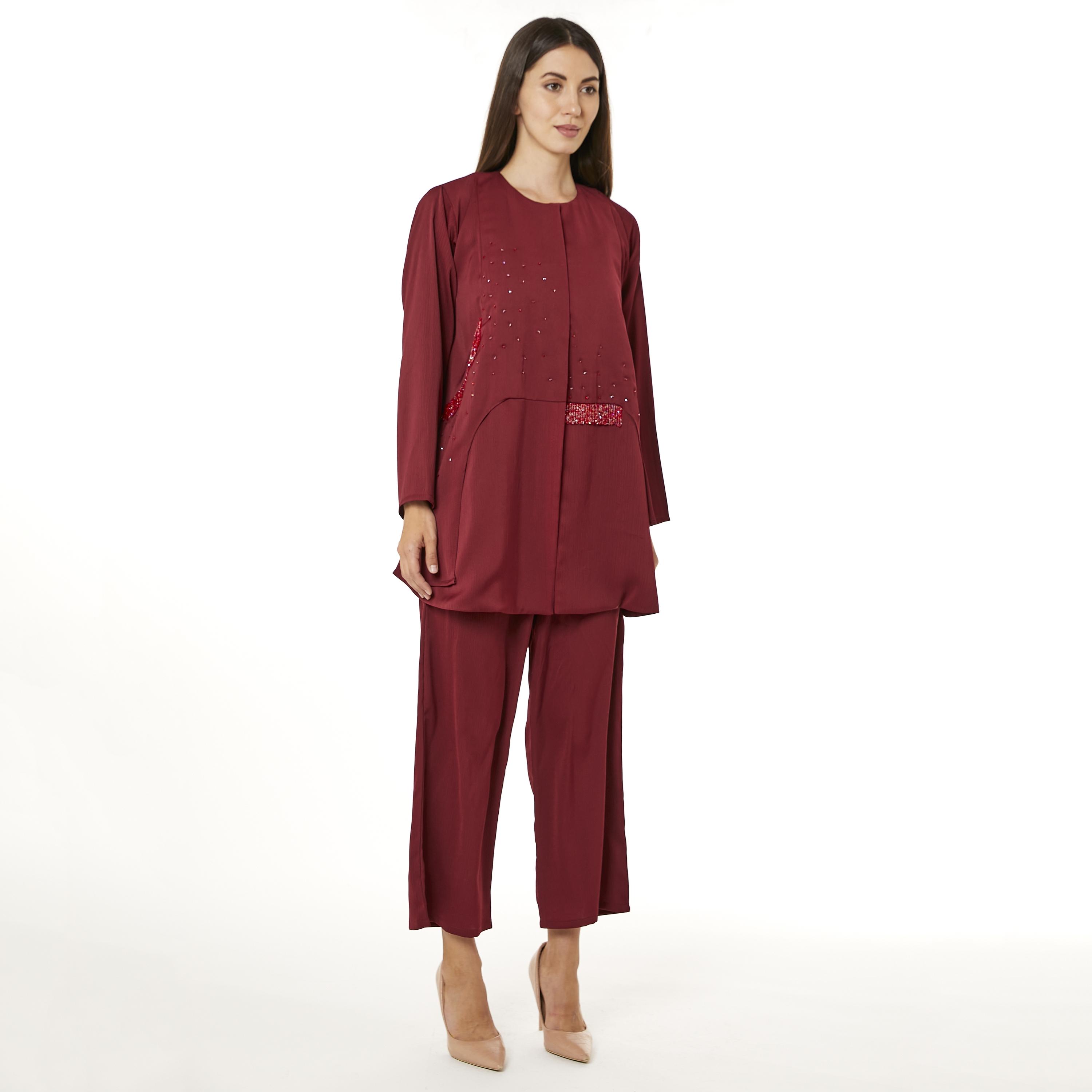 Moistreet 2-Piece Set Red Beaded Zoom Fabric Women's Top with Pants-women-arabicclothing-abayainner-image-3