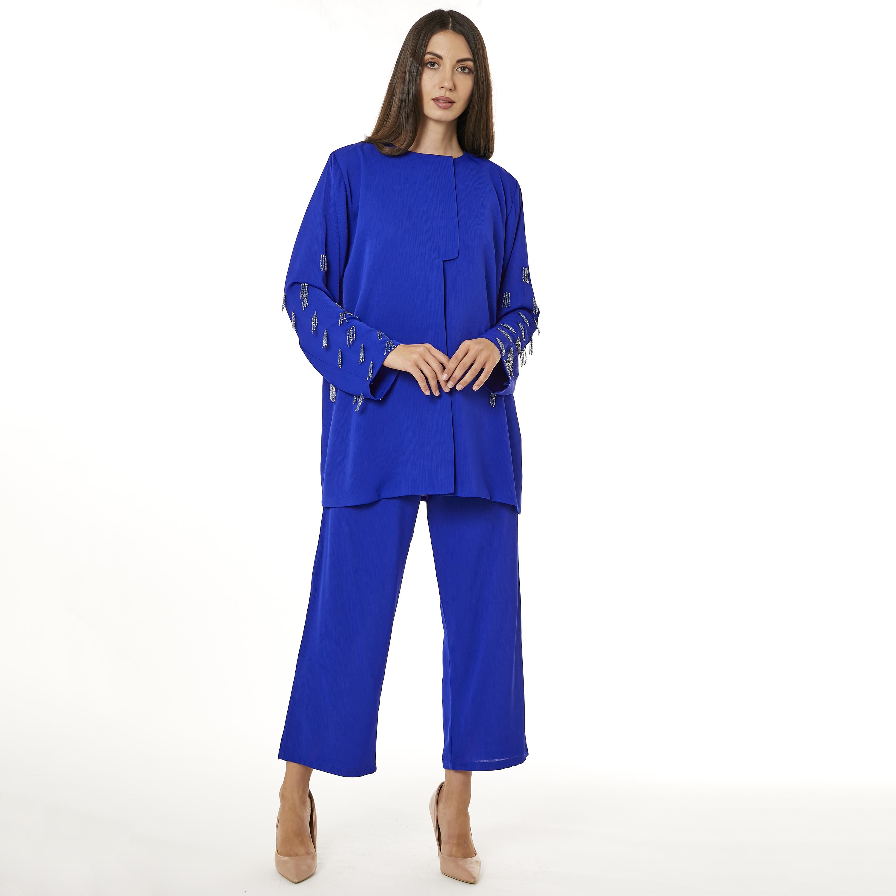 Moistreet 2-Piece Set Blue Beaded Zoom Fabric Women's Top with Pants-women-arabicclothing-abayainner-image-1