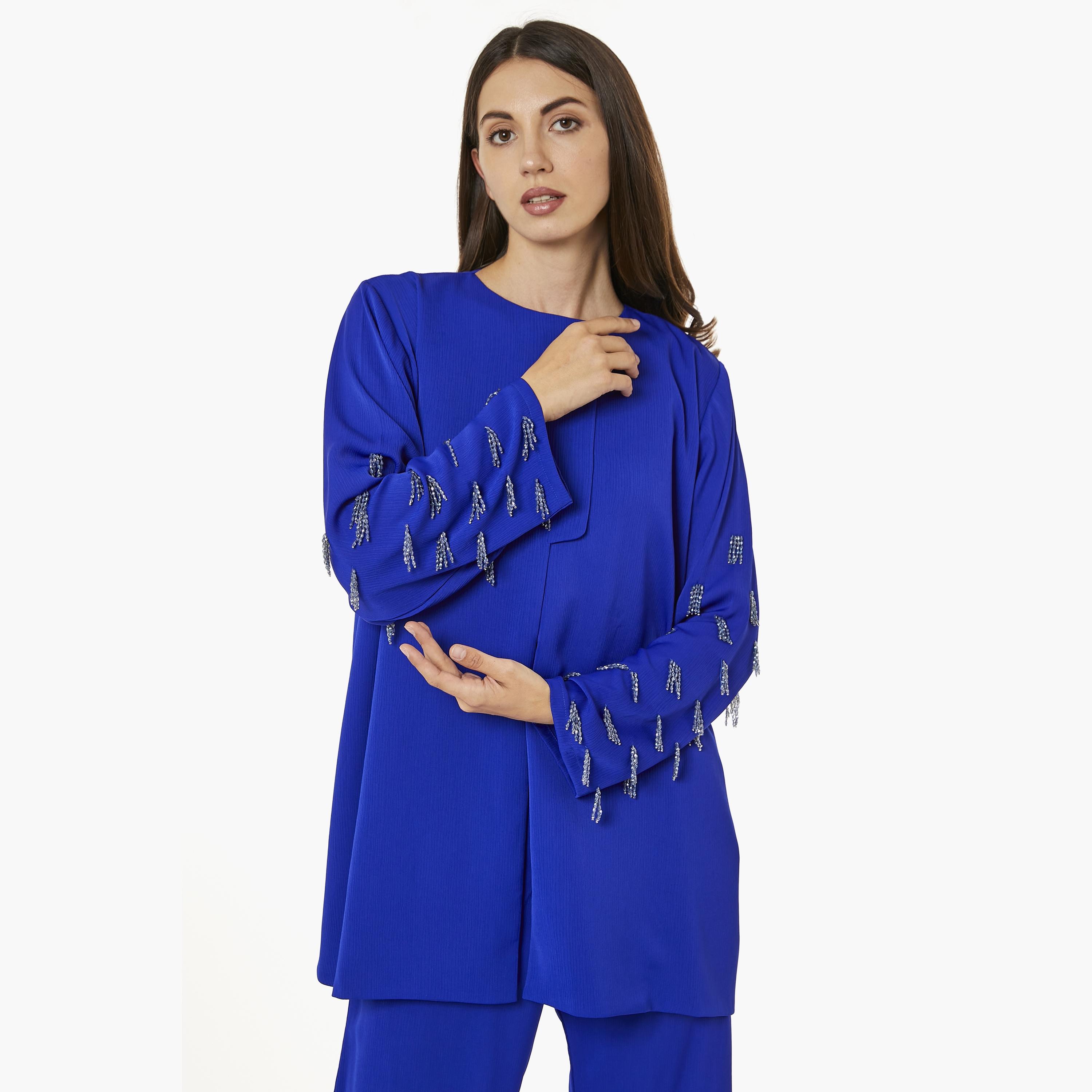 Moistreet 2-Piece Set Blue Beaded Zoom Fabric Women's Top with Pants-women-arabicclothing-abayainner-image-2