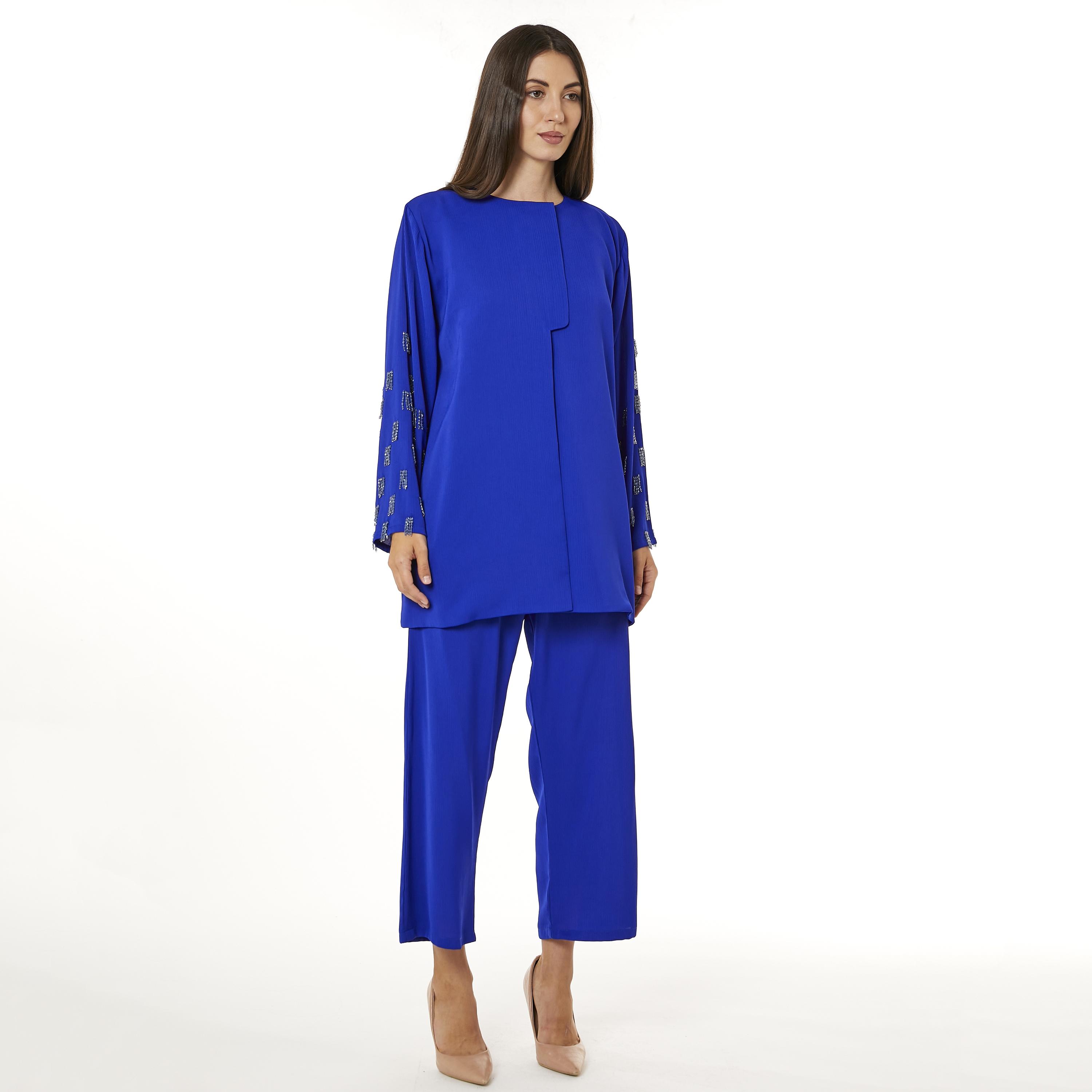 Moistreet 2-Piece Set Blue Beaded Zoom Fabric Women's Top with Pants-women-arabicclothing-abayainner-image-3