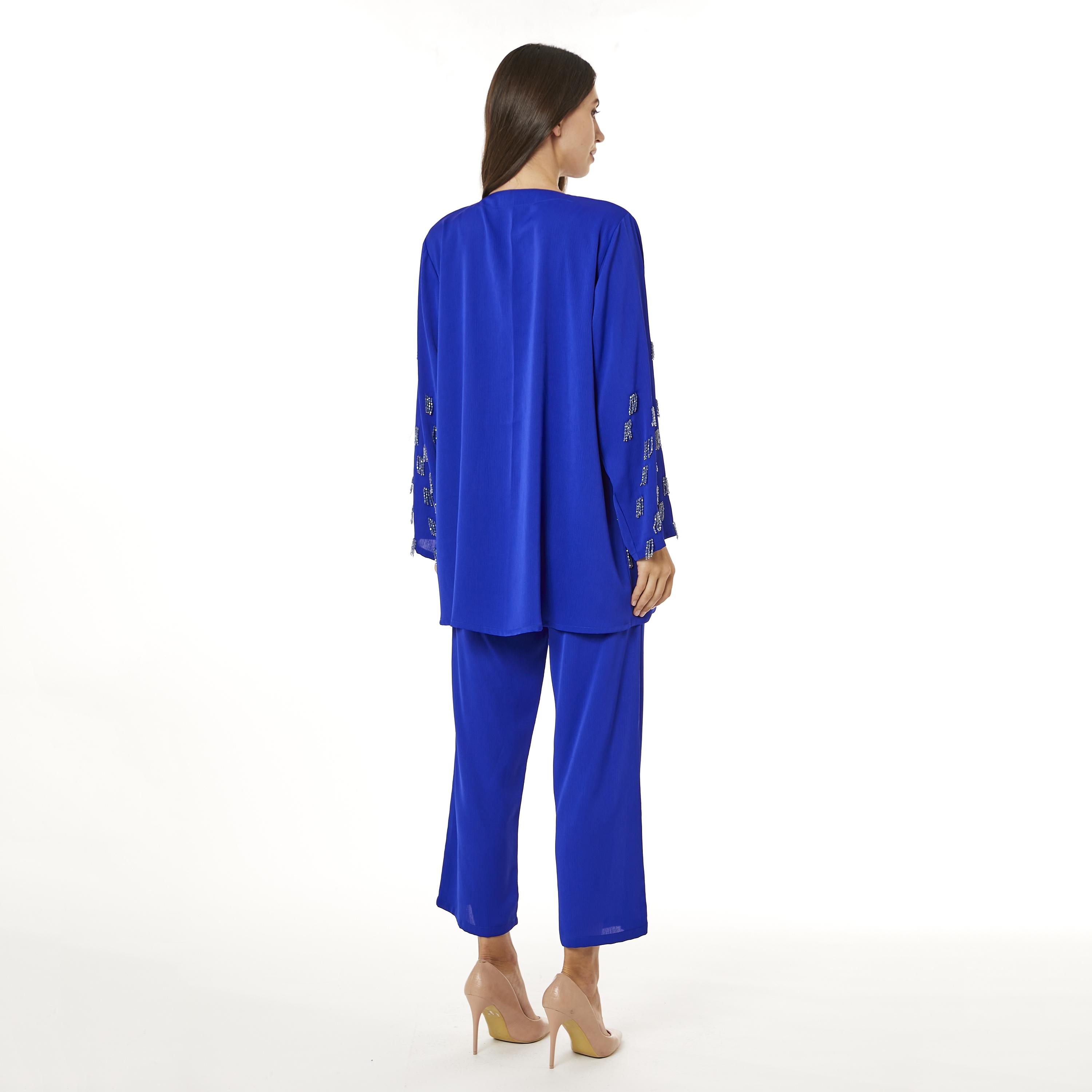 Moistreet 2-Piece Set Blue Beaded Zoom Fabric Women's Top with Pants-women-arabicclothing-abayainner-image-4