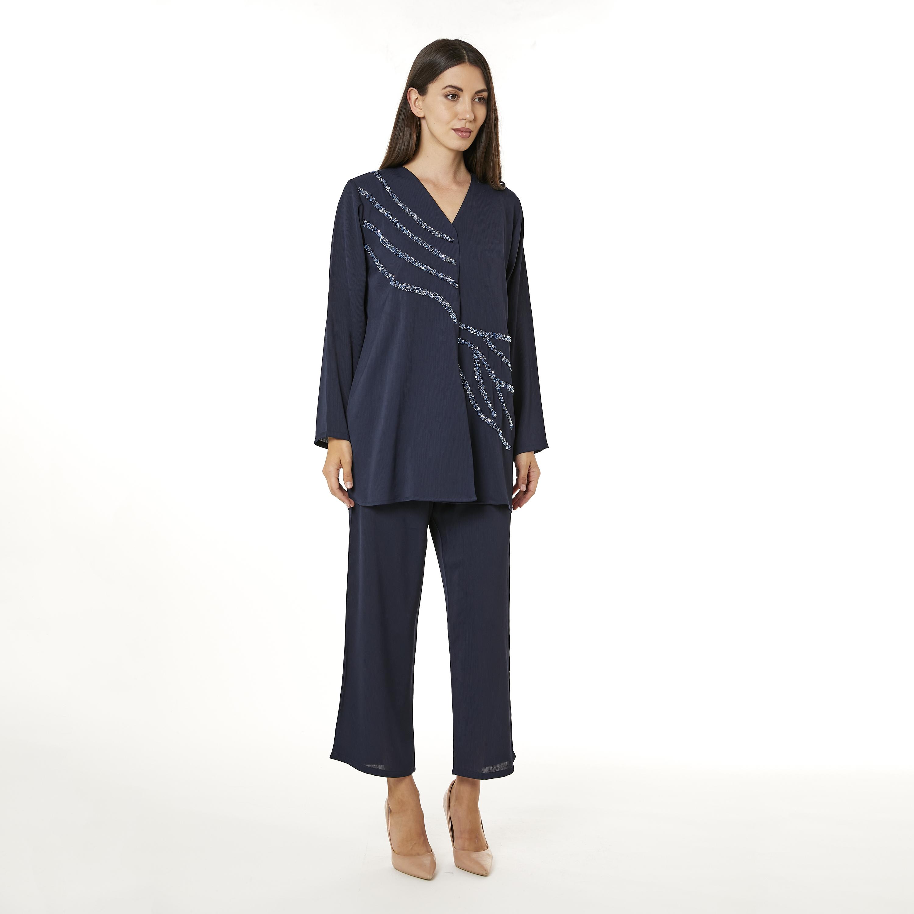 Moistreet 2-Piece Set Navy Beaded Zoom Fabric Women's Top with Pants-women-arabicclothing-abayainner-image-1