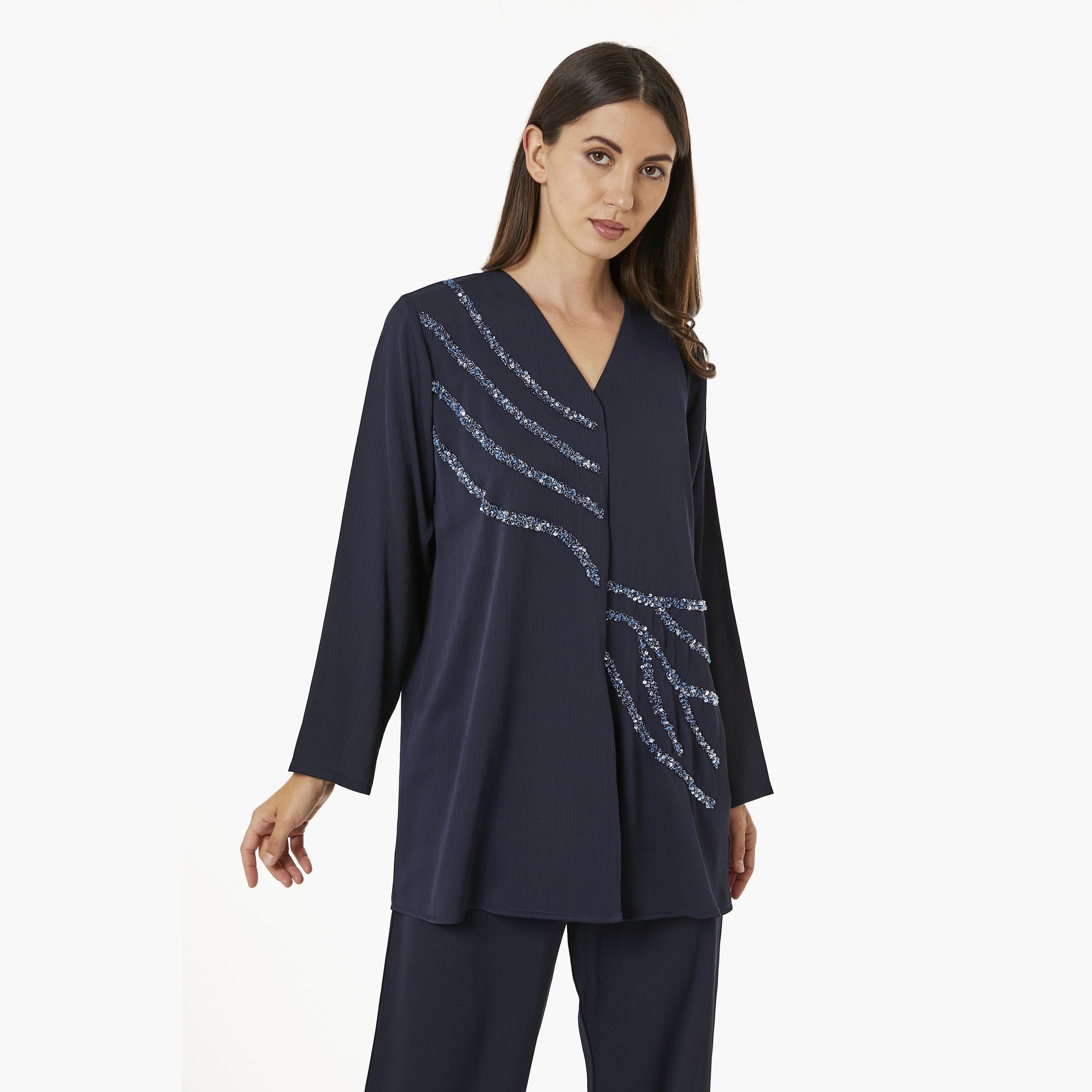 Moistreet 2-Piece Set Navy Beaded Zoom Fabric Women's Top with Pants-women-arabicclothing-abayainner-image-2