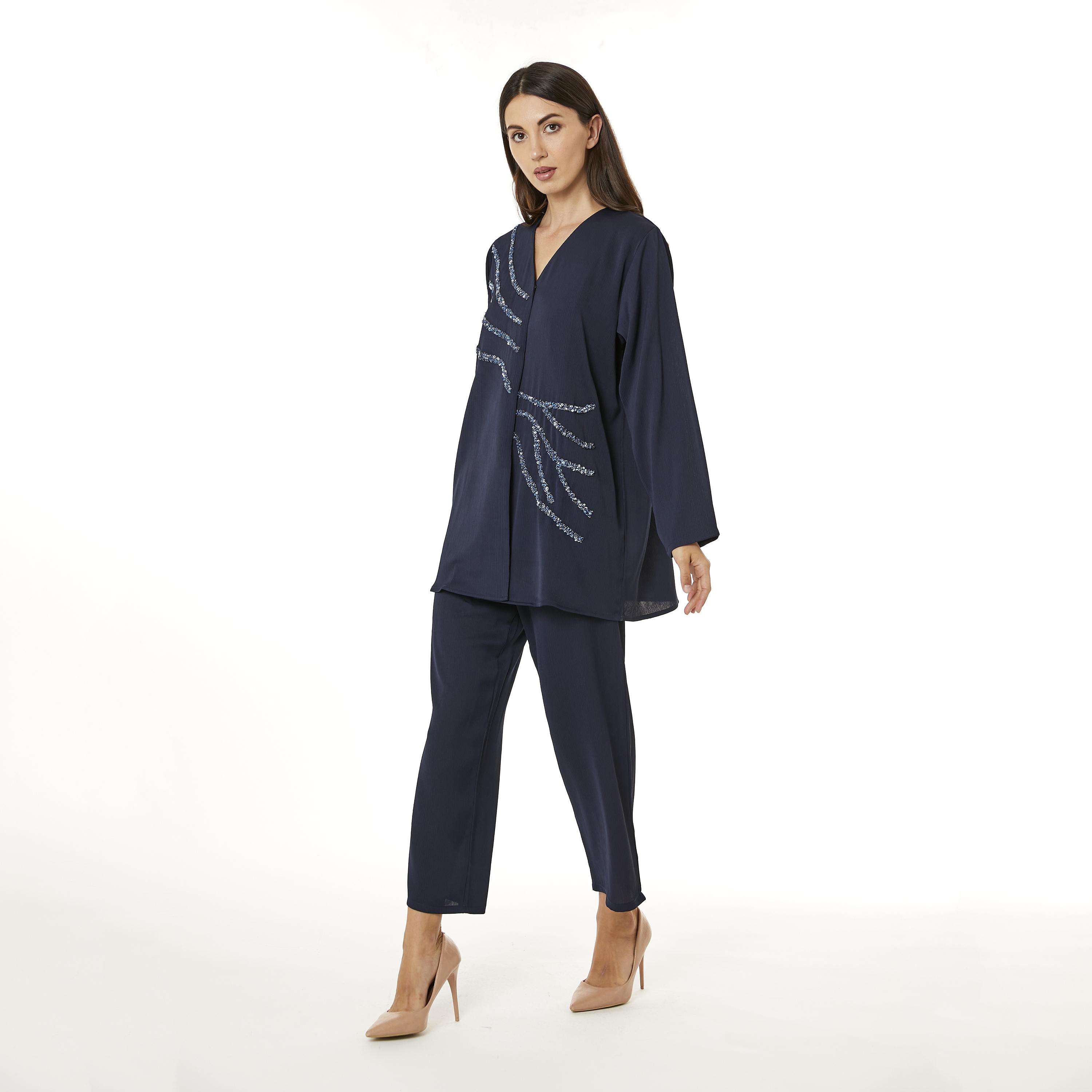 Moistreet 2-Piece Set Navy Beaded Zoom Fabric Women's Top with Pants-women-arabicclothing-abayainner-image-3