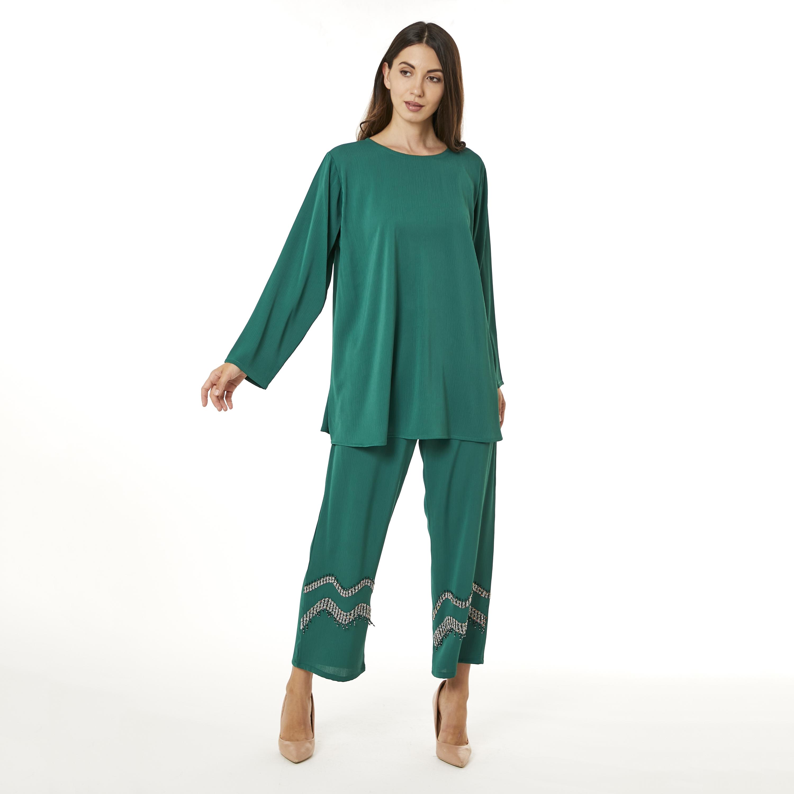 Moistreet 2-Piece Set Green Zoom Fabric Women's Top with Pants-women-arabicclothing-abayainner-image-1