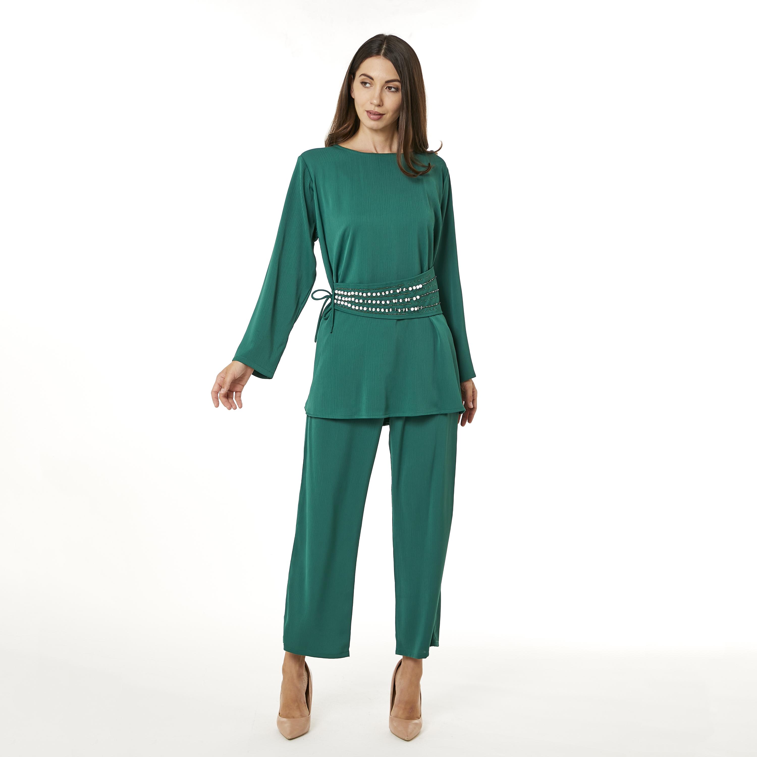 Moistreet 2-Piece Set Green Beaded Zoom Fabric Women's Top with Pants-women-arabicclothing-abayainner-image-1