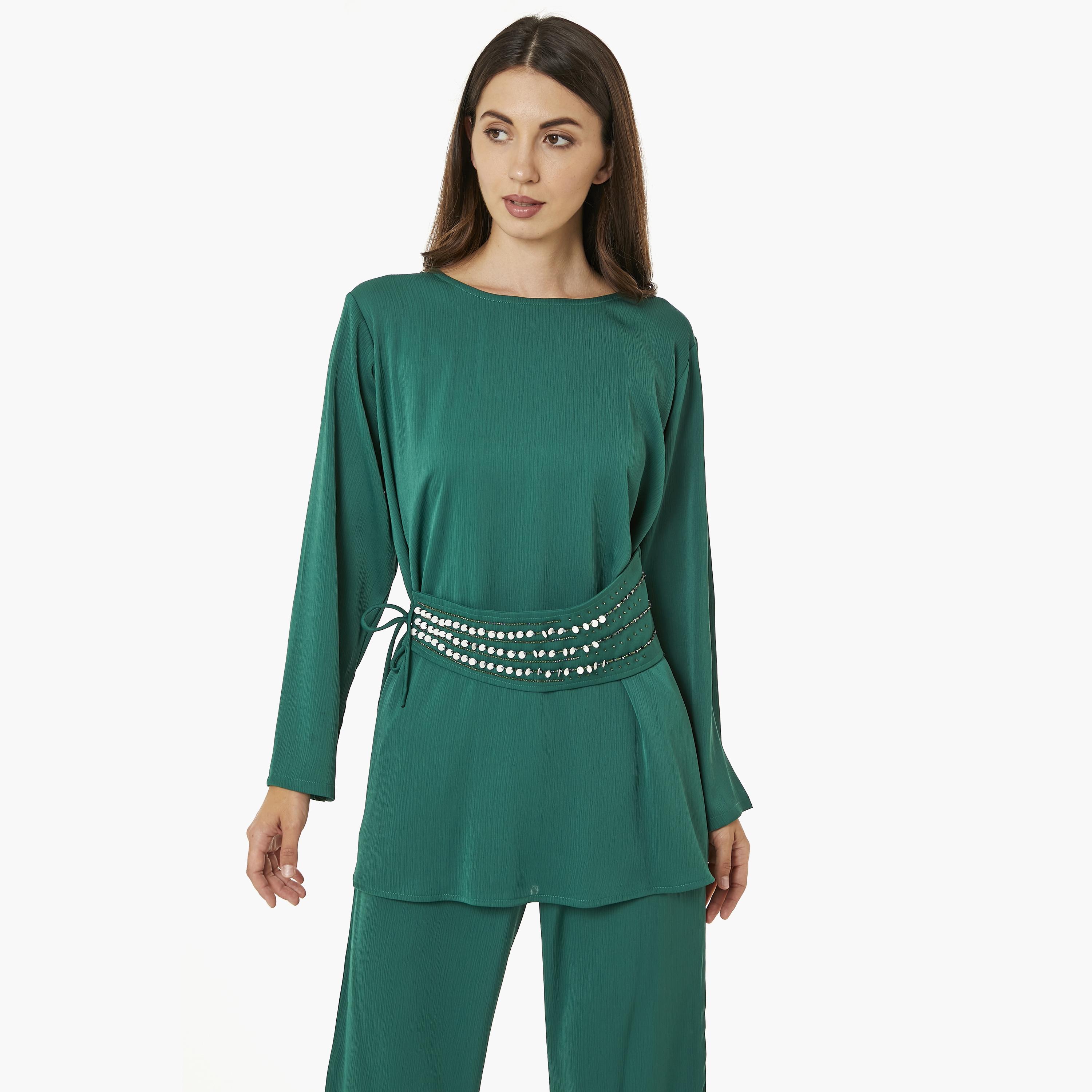 Moistreet 2-Piece Set Green Beaded Zoom Fabric Women's Top with Pants-women-arabicclothing-abayainner-image-2