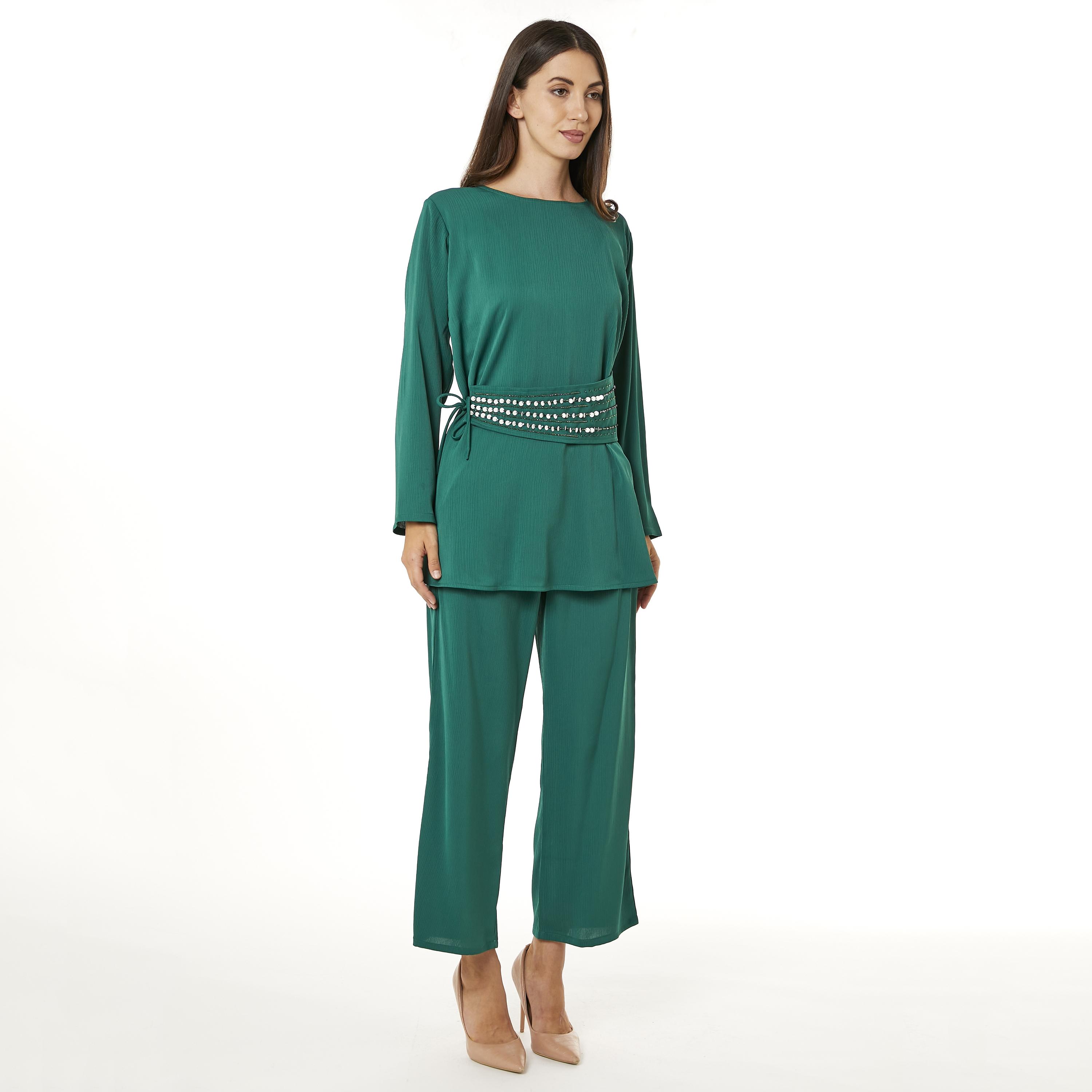 Moistreet 2-Piece Set Green Beaded Zoom Fabric Women's Top with Pants-women-arabicclothing-abayainner-image-3