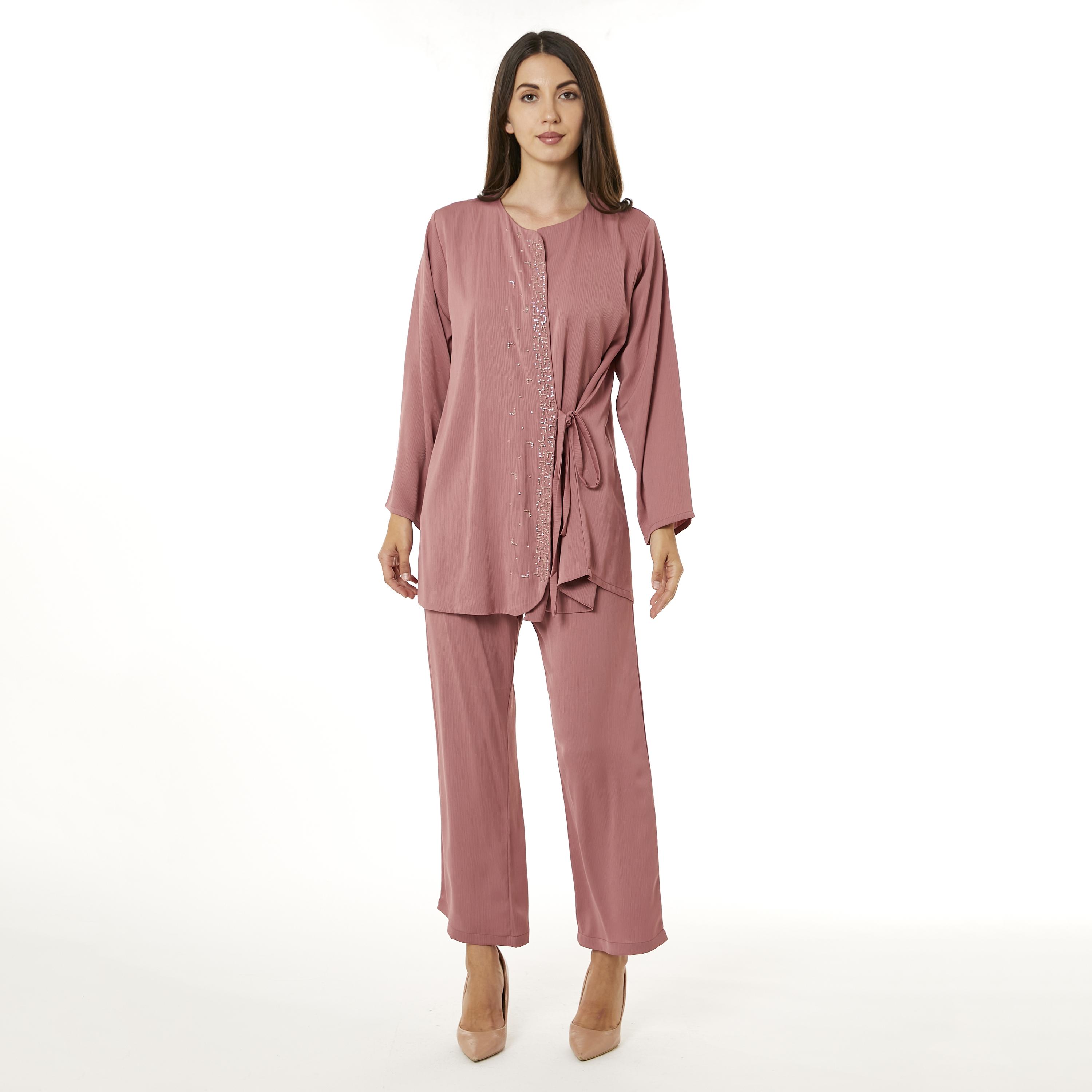 Moistreet 2-Piece Set Pink Beaded Zoom Fabric Women's Top with Pants-women-arabicclothing-abayainner-image-1