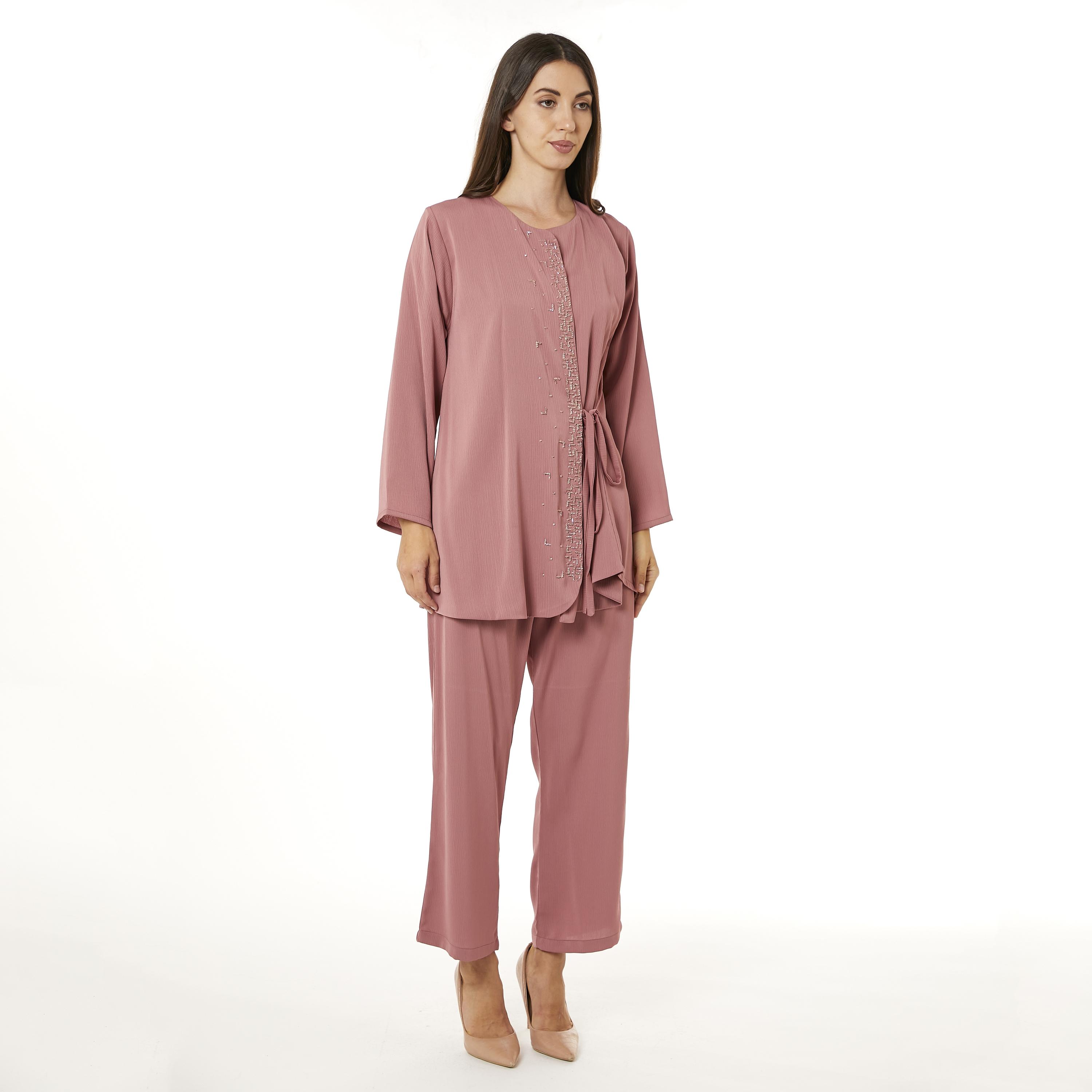 Moistreet 2-Piece Set Pink Beaded Zoom Fabric Women's Top with Pants-women-arabicclothing-abayainner-image-2