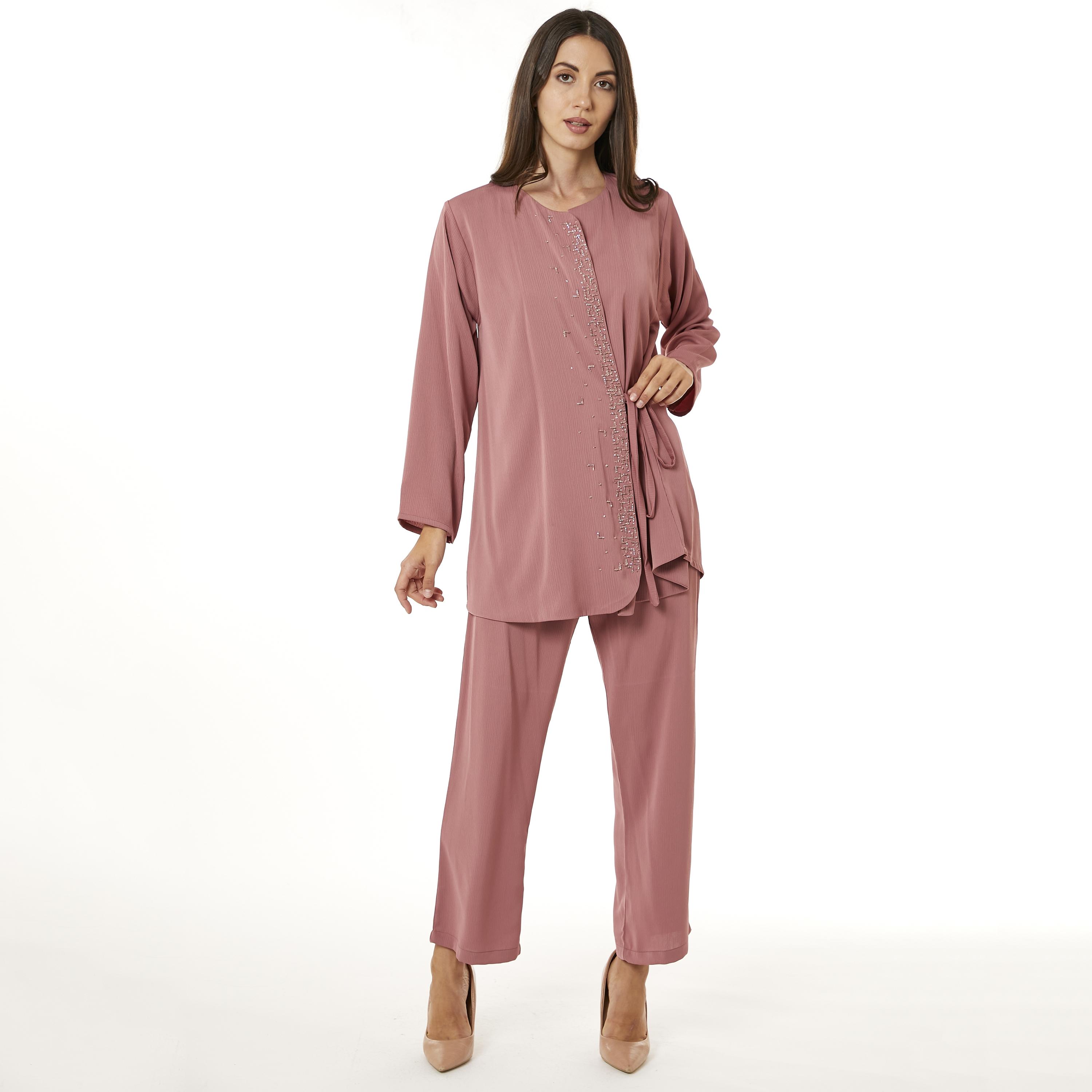 Moistreet 2-Piece Set Pink Beaded Zoom Fabric Women's Top with Pants-women-arabicclothing-abayainner-image-3