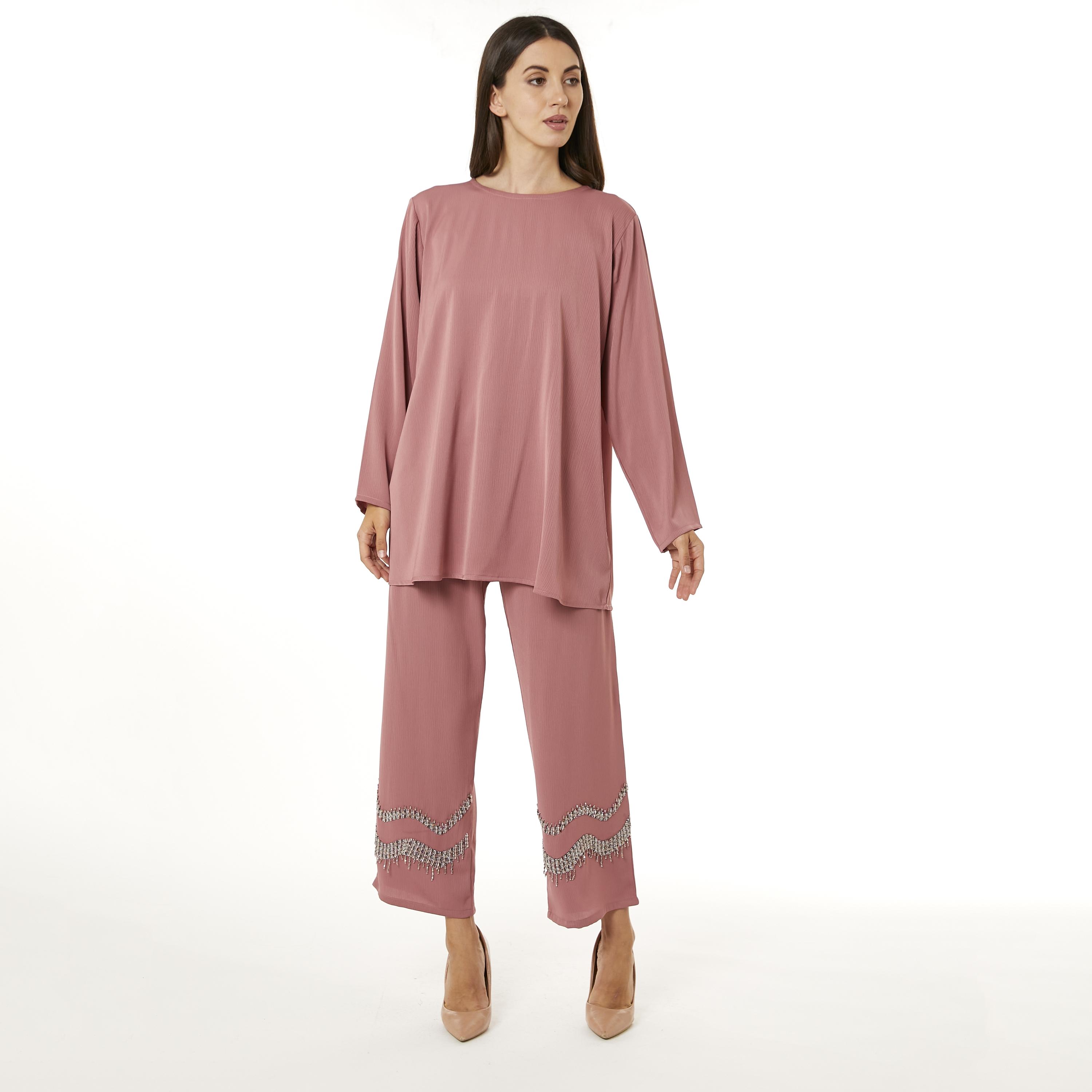 Moistreet 2-Piece Set Pink Zoom Fabric Women's Top with Pants-women-arabicclothing-abayainner-image-1