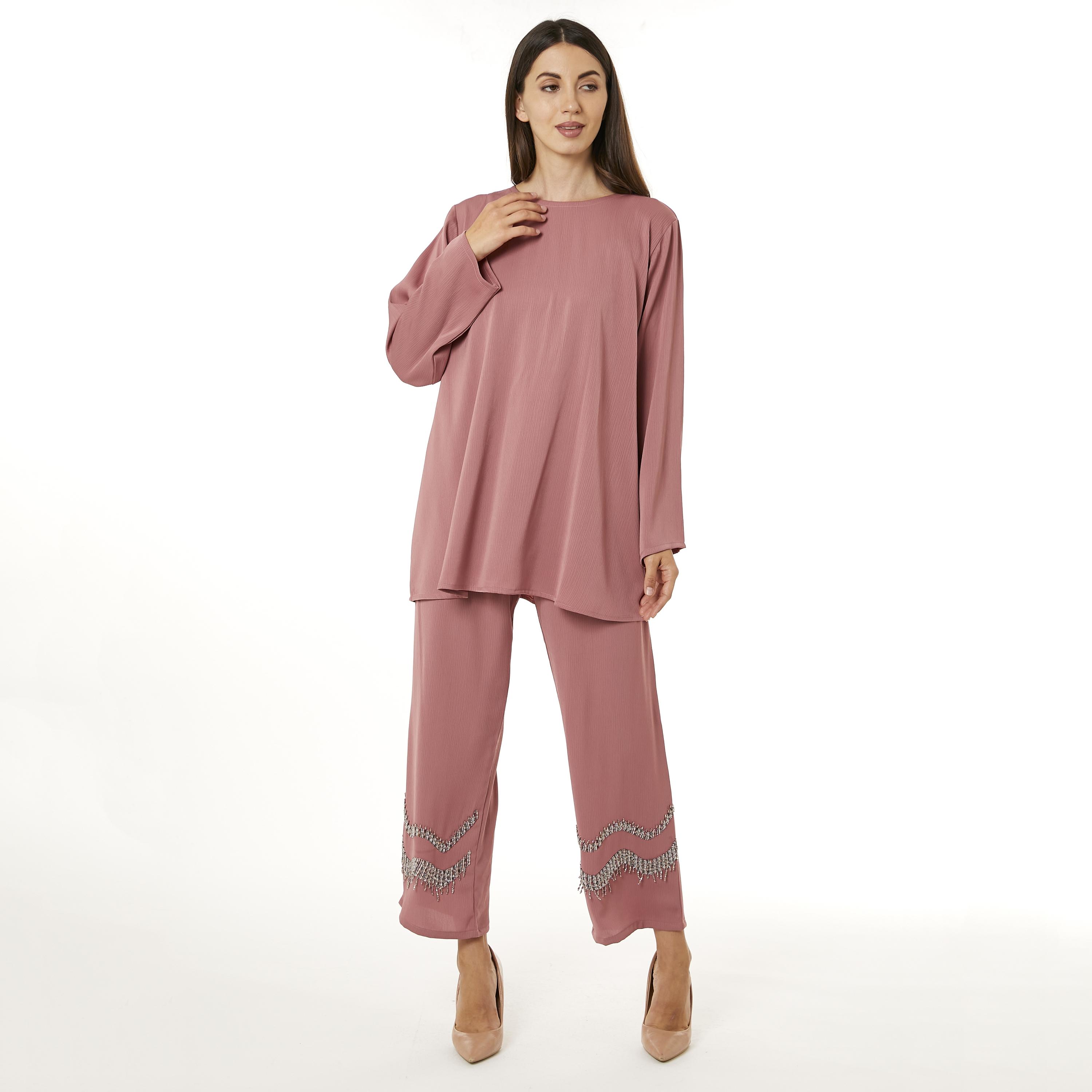 Moistreet 2-Piece Set Pink Zoom Fabric Women's Top with Pants-women-arabicclothing-abayainner-image-3