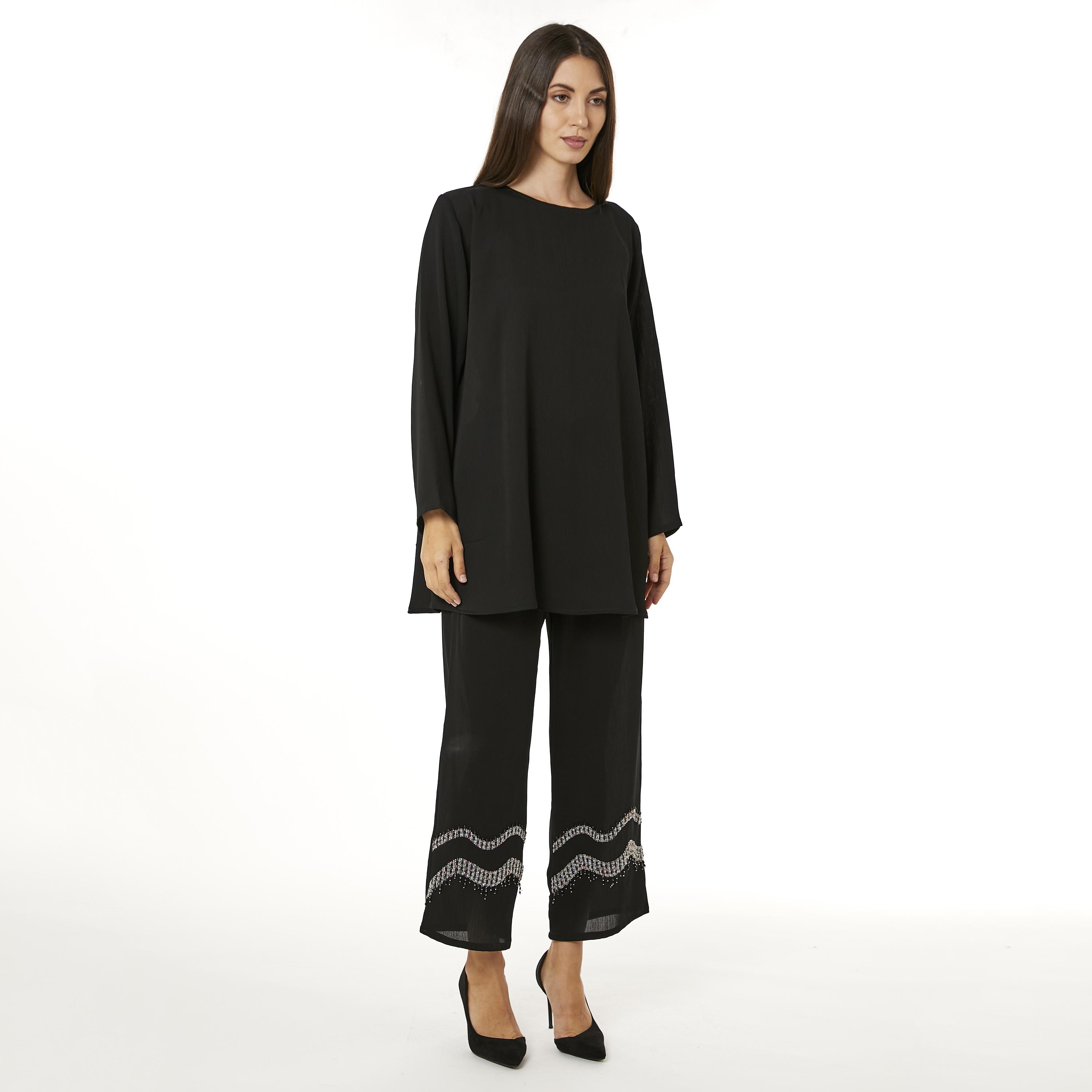 Moistreet 2-Piece Set Black Zoom Fabric Women's Top with Pants-women-arabicclothing-abayainner-image-1