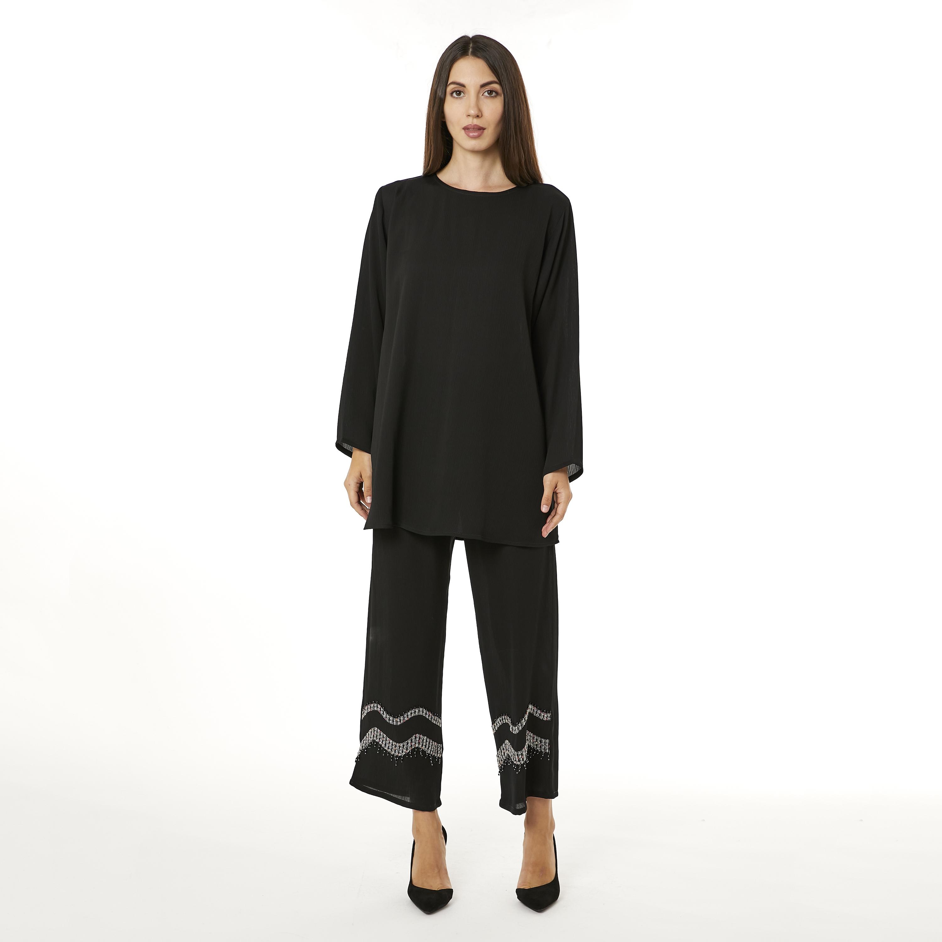 Moistreet 2-Piece Set Black Zoom Fabric Women's Top with Pants-women-arabicclothing-abayainner-image-2