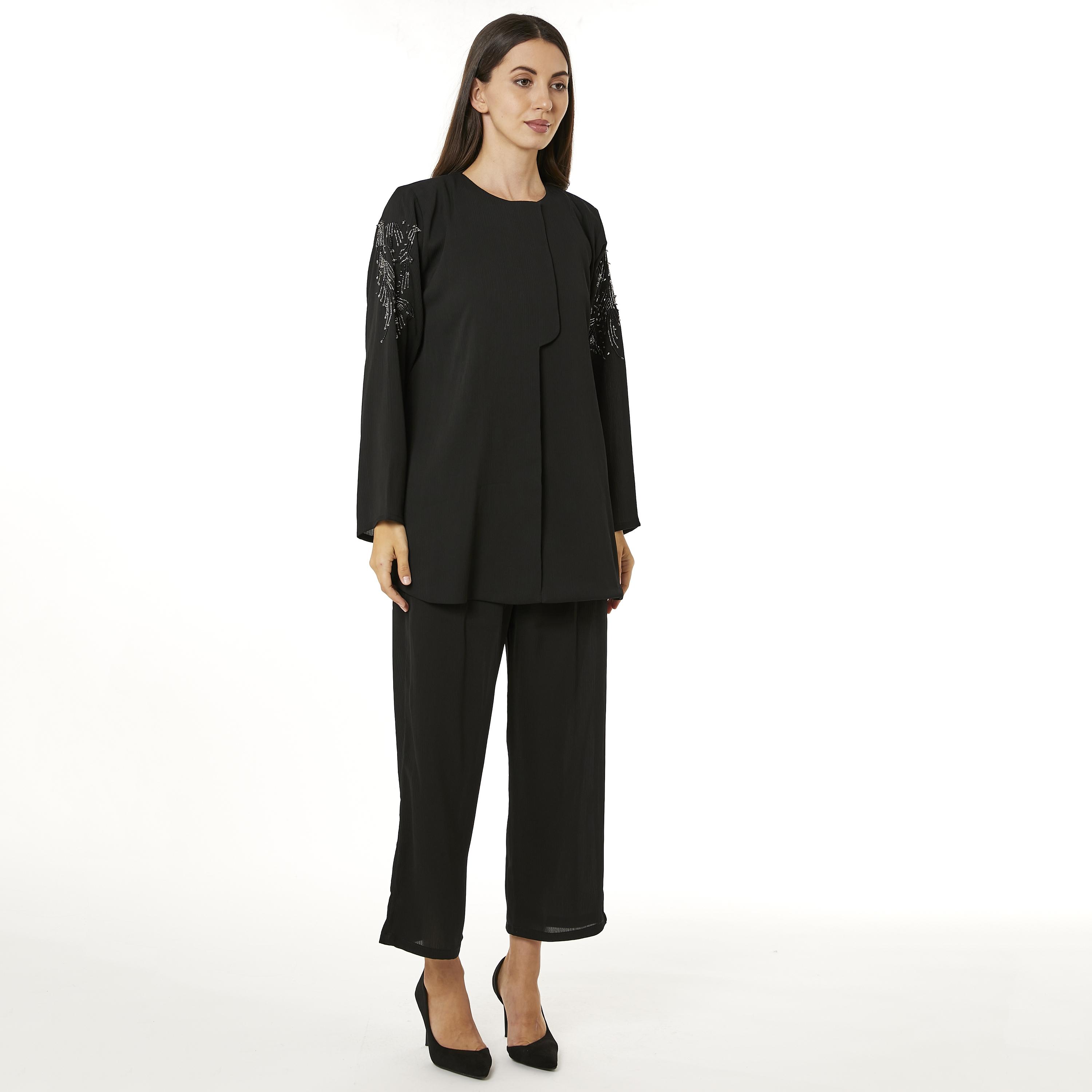 Moistreet 2-Piece Set Black Beaded Zoom Fabric Women's Top with Pants-women-arabicclothing-abayainner-image-1