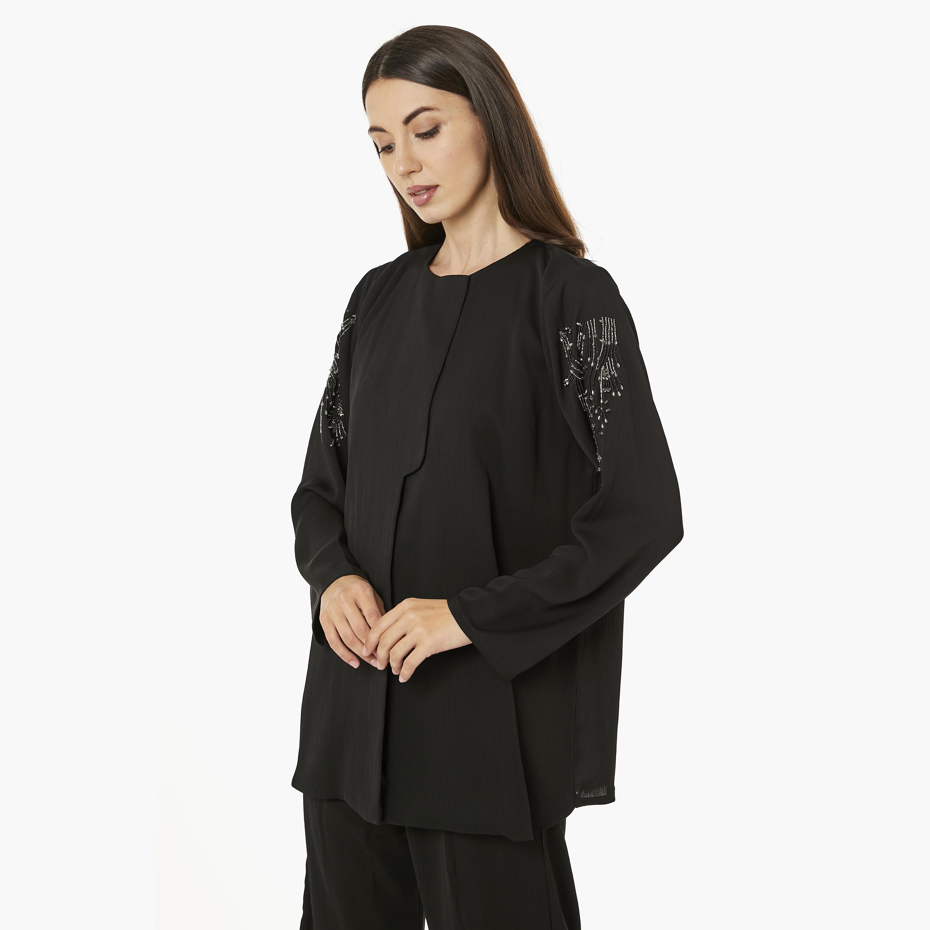 Moistreet 2-Piece Set Black Beaded Zoom Fabric Women's Top with Pants-women-arabicclothing-abayainner-image-2