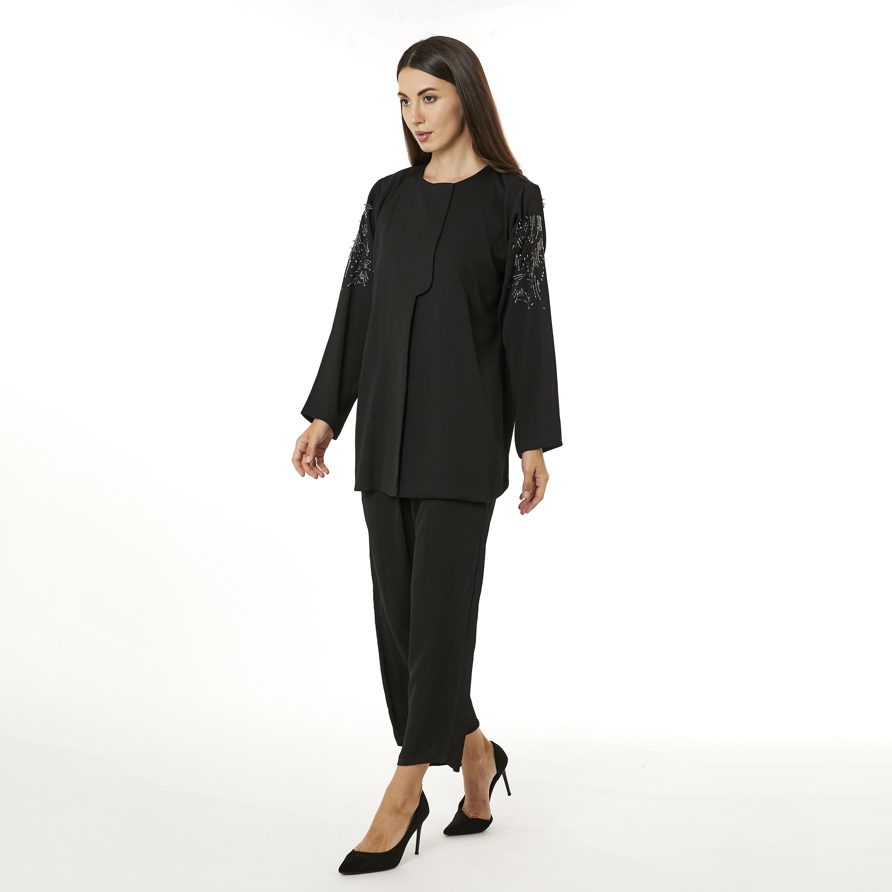 Moistreet 2-Piece Set Black Beaded Zoom Fabric Women's Top with Pants-women-arabicclothing-abayainner-image-3