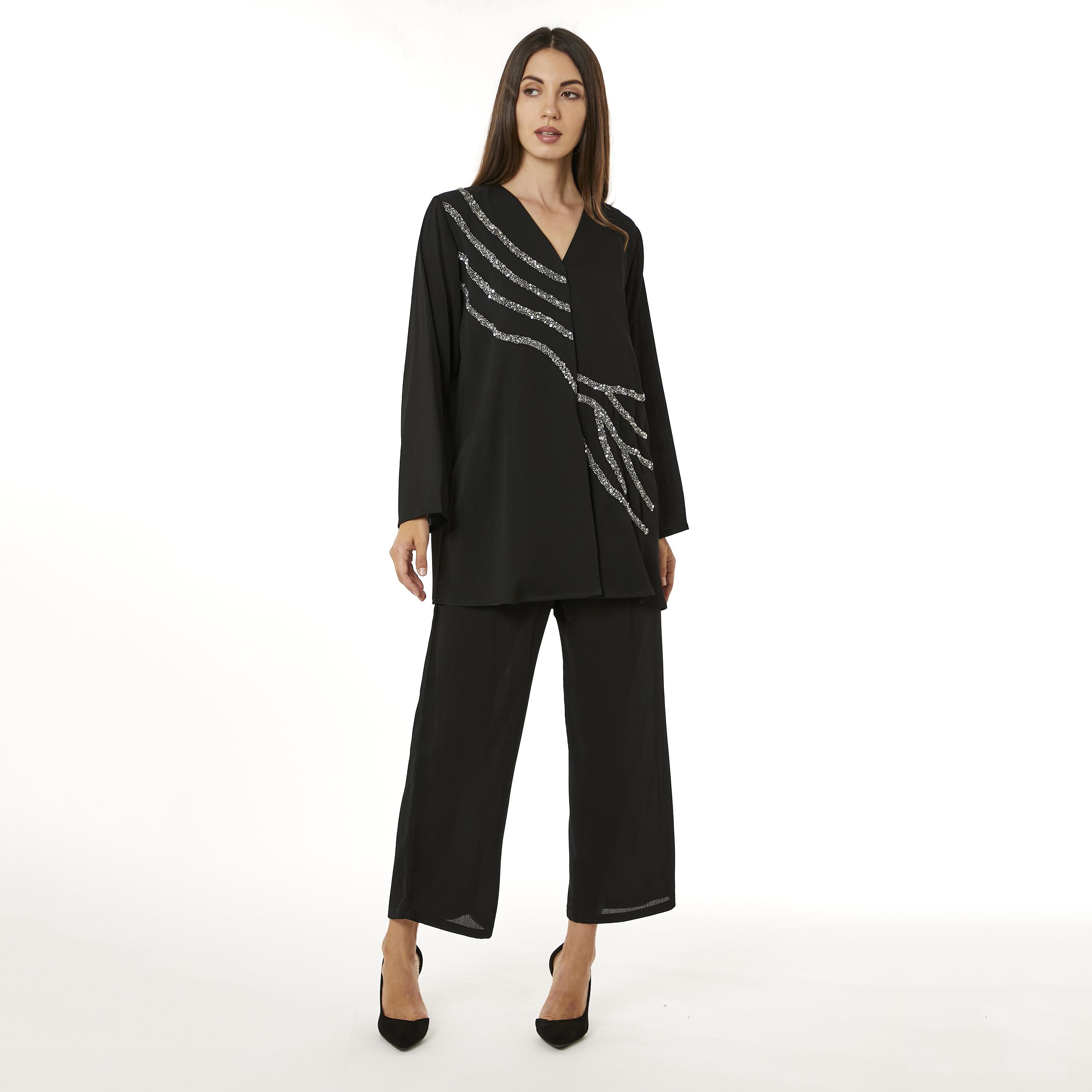 Moistreet 2-Piece Set Black Beaded Zoom Fabric Women's Top with Pants-women-arabicclothing-abayainner-image-1