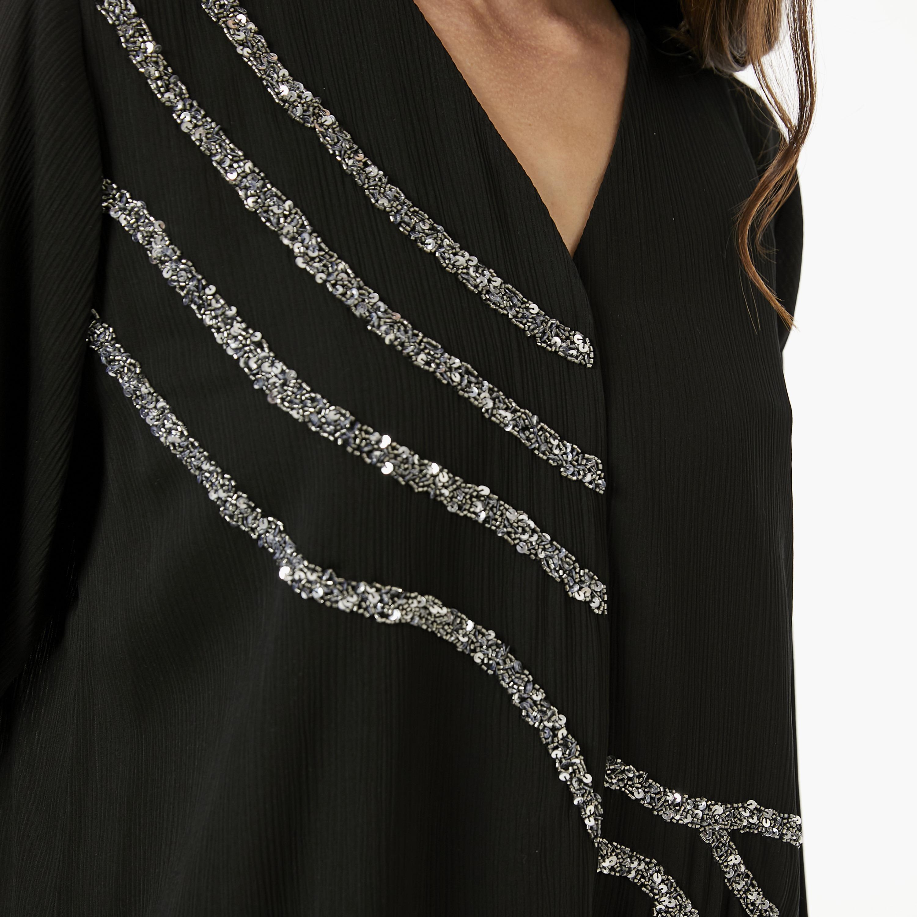 Moistreet 2-Piece Set Black Beaded Zoom Fabric Women's Top with Pants-women-arabicclothing-abayainner-image-2