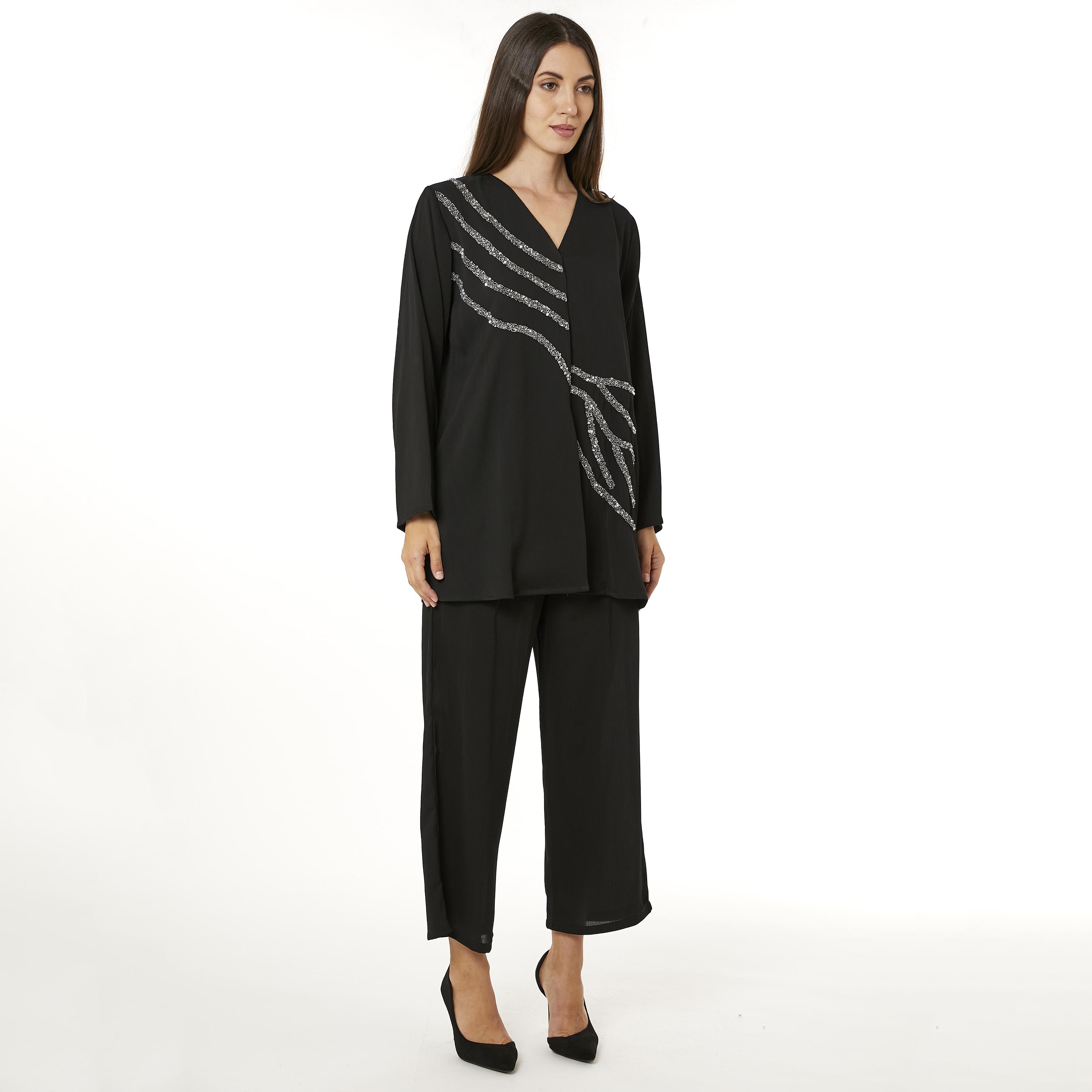 Moistreet 2-Piece Set Black Beaded Zoom Fabric Women's Top with Pants-women-arabicclothing-abayainner-image-3