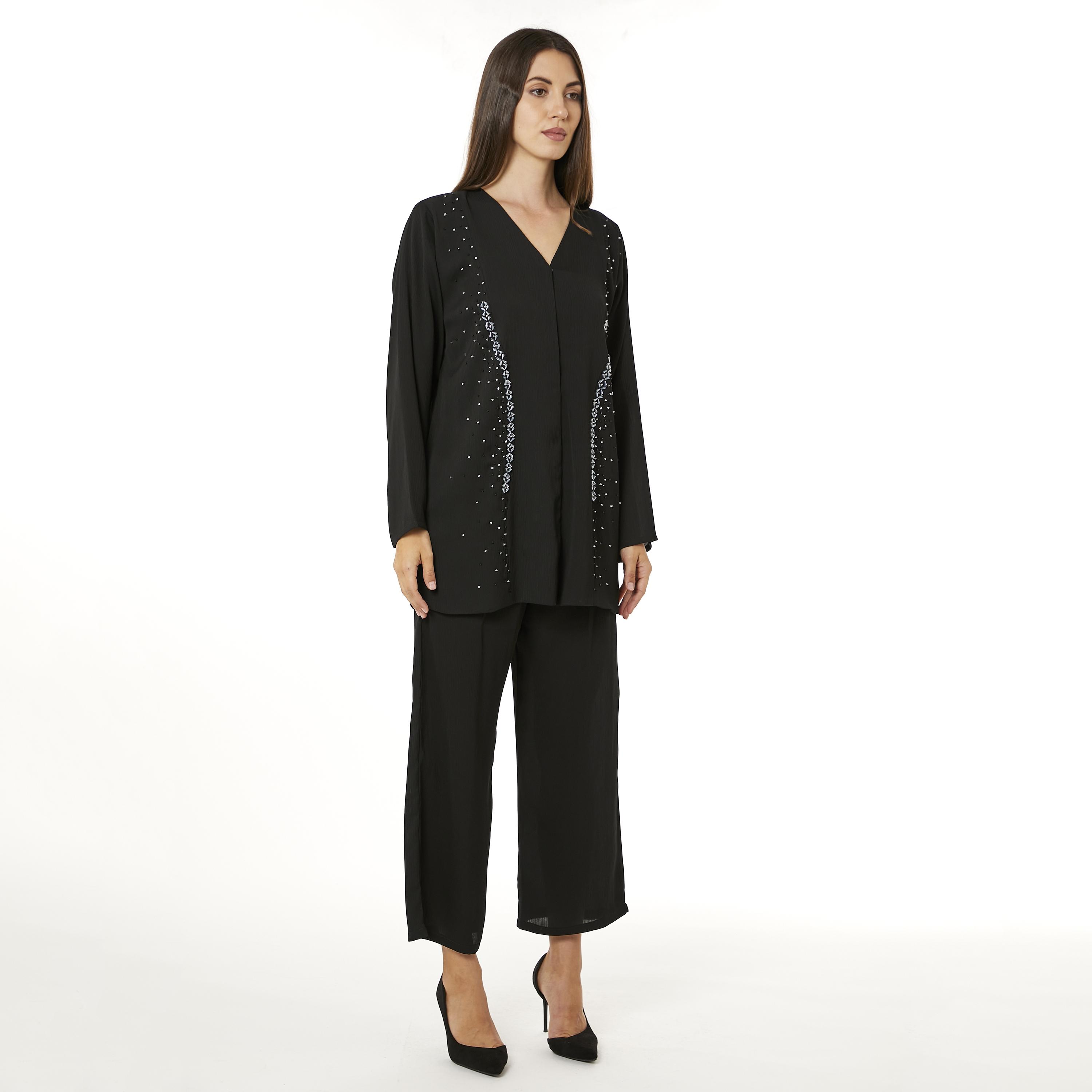 Moistreet 2-Piece Set Black Beaded Zoom Fabric Women's Top with Pants-women-arabicclothing-abayainner-image-1
