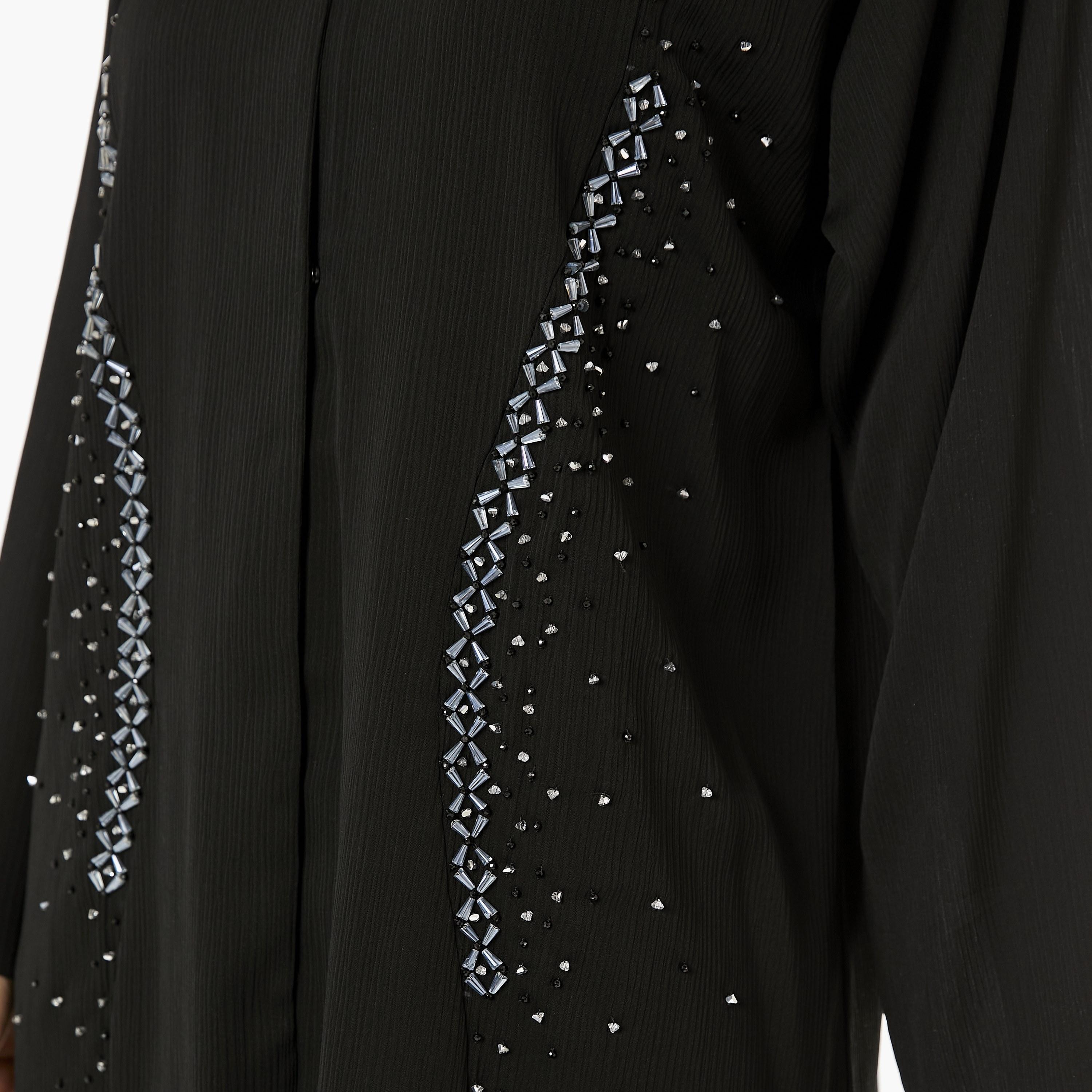 Moistreet 2-Piece Set Black Beaded Zoom Fabric Women's Top with Pants-women-arabicclothing-abayainner-image-2