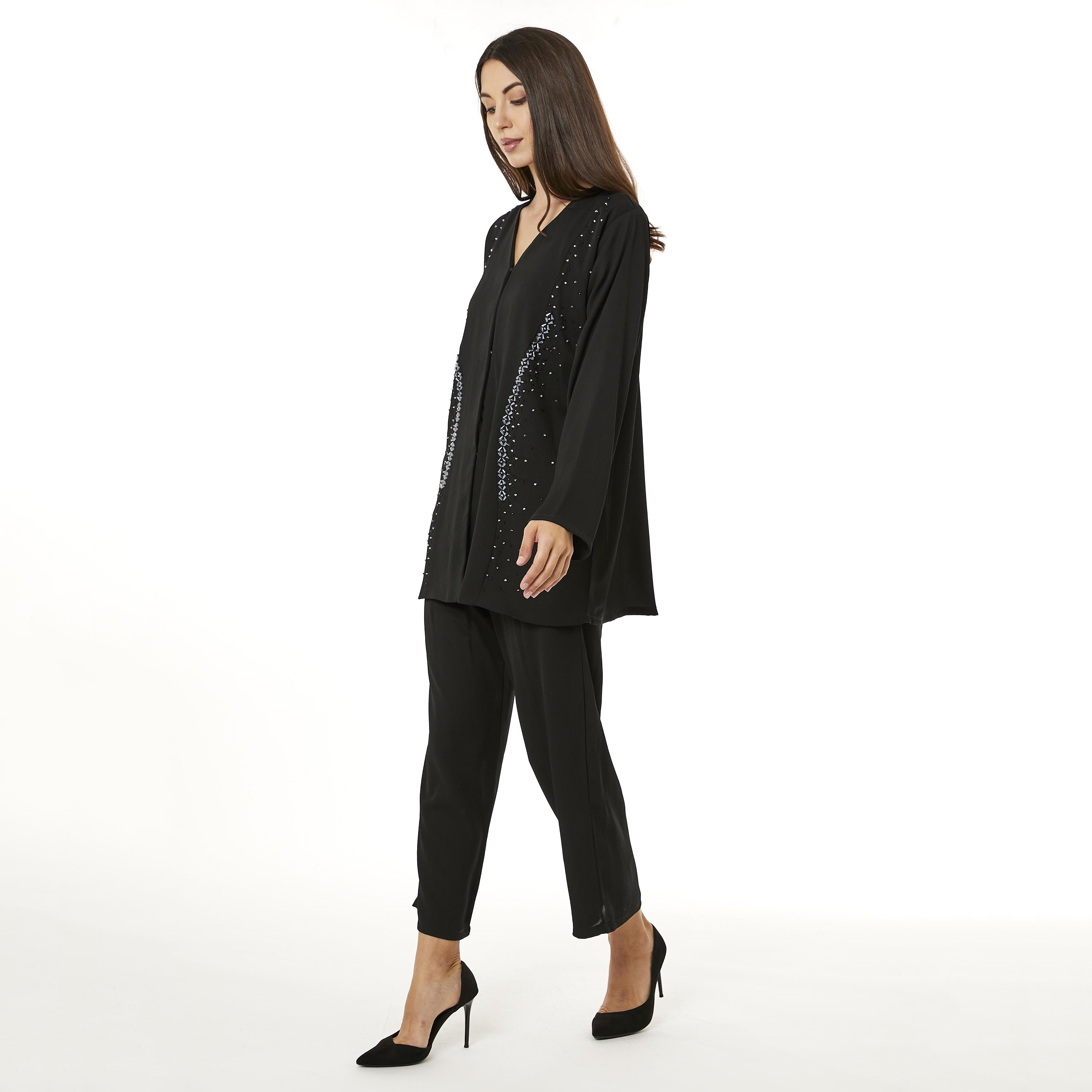 Moistreet 2-Piece Set Black Beaded Zoom Fabric Women's Top with Pants-women-arabicclothing-abayainner-image-3