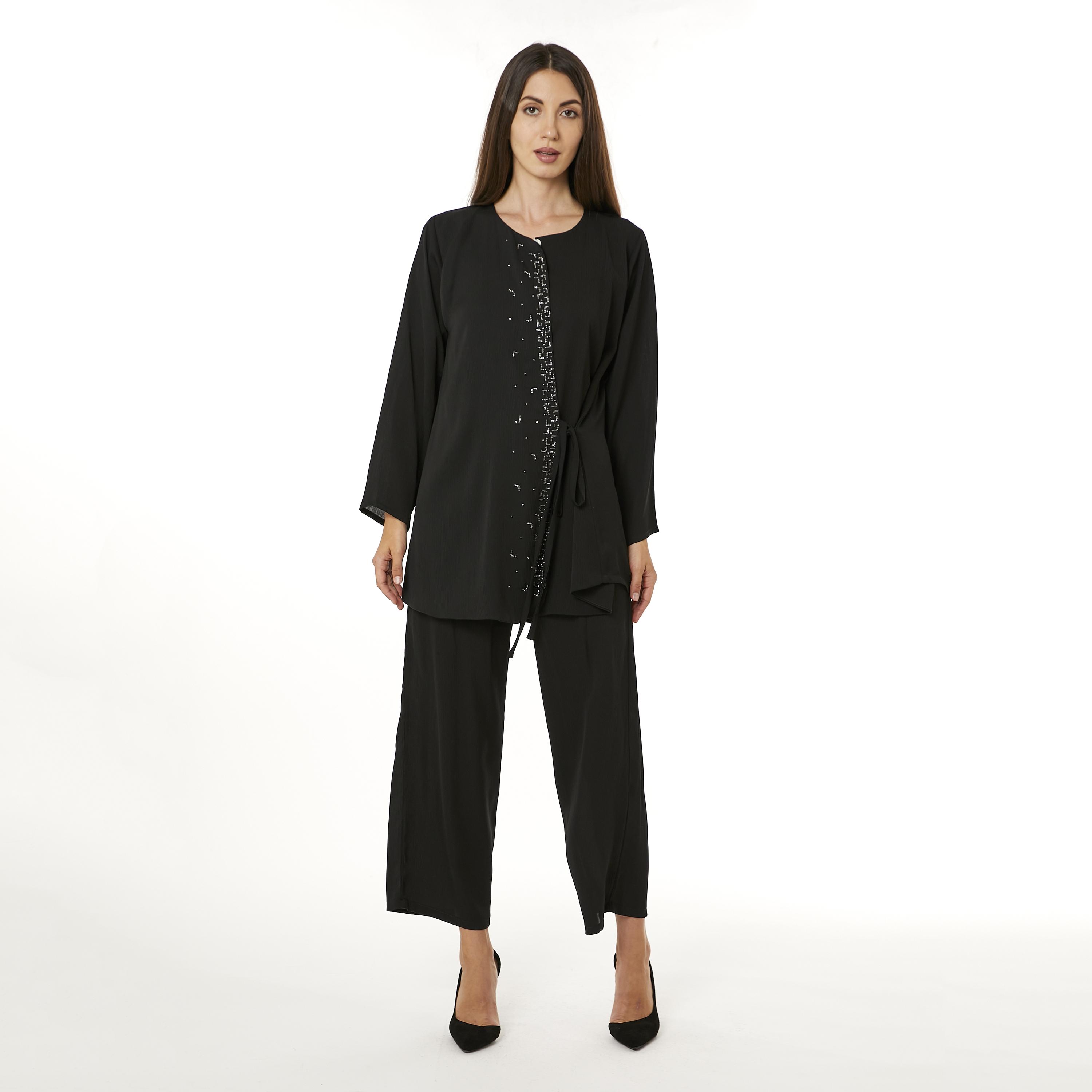 Moistreet 2-Piece Set Black Beaded Zoom Fabric Women's Top with Pants-women-arabicclothing-abayainner-image-1
