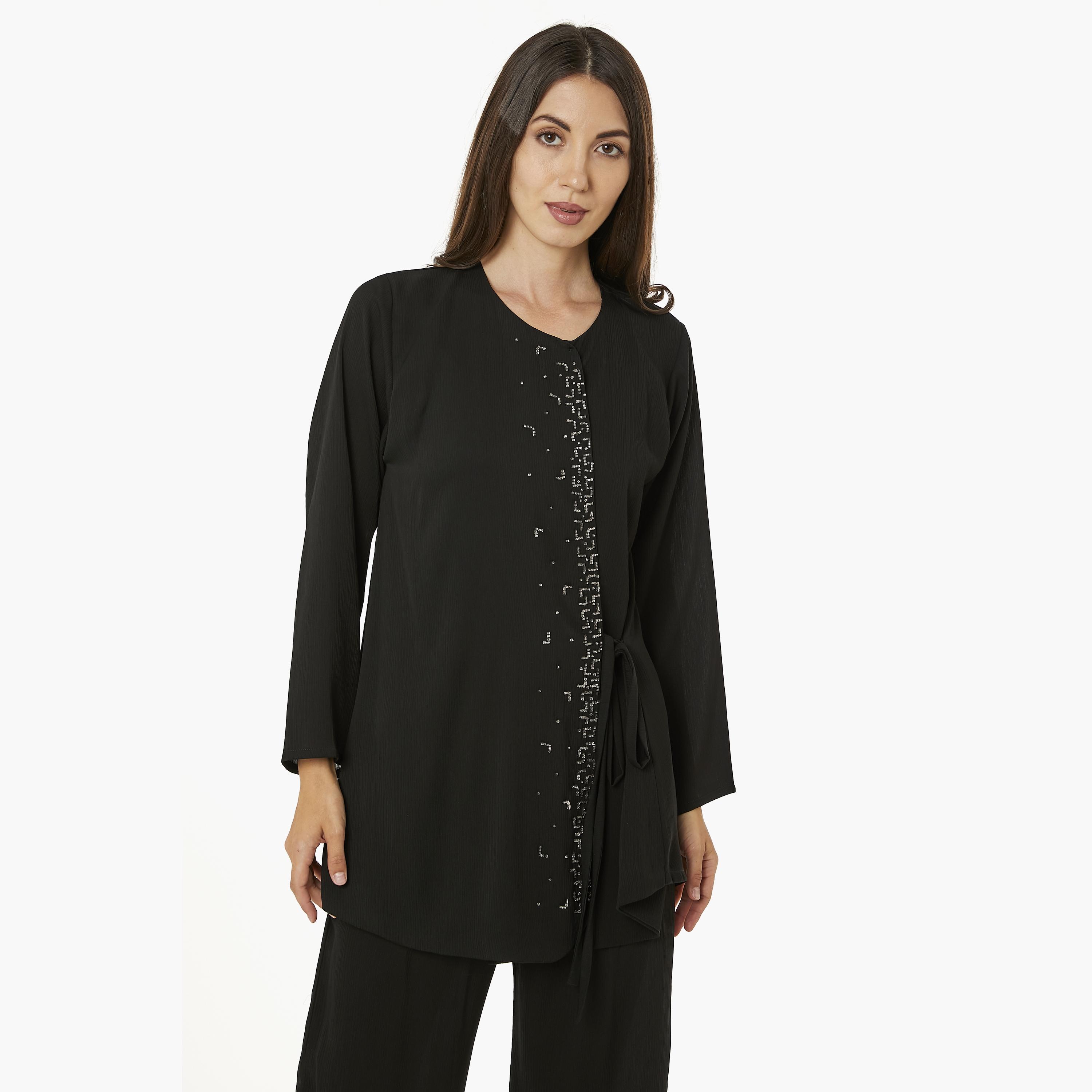Moistreet 2-Piece Set Black Beaded Zoom Fabric Women's Top with Pants-women-arabicclothing-abayainner-image-2