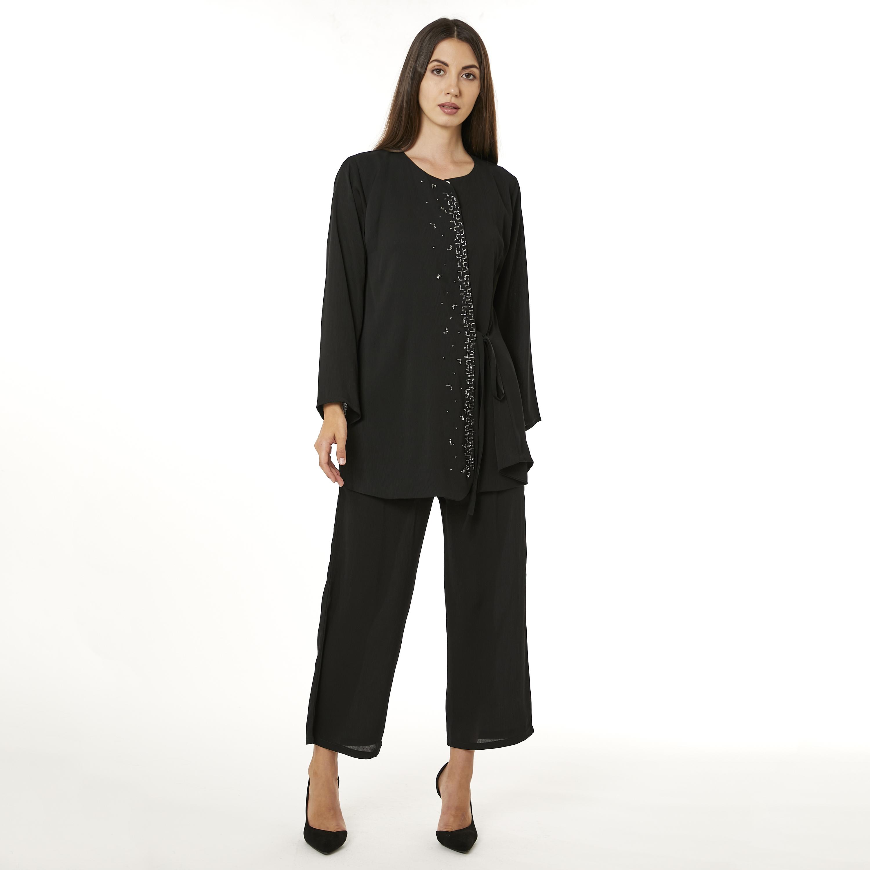 Moistreet 2-Piece Set Black Beaded Zoom Fabric Women's Top with Pants-women-arabicclothing-abayainner-image-3