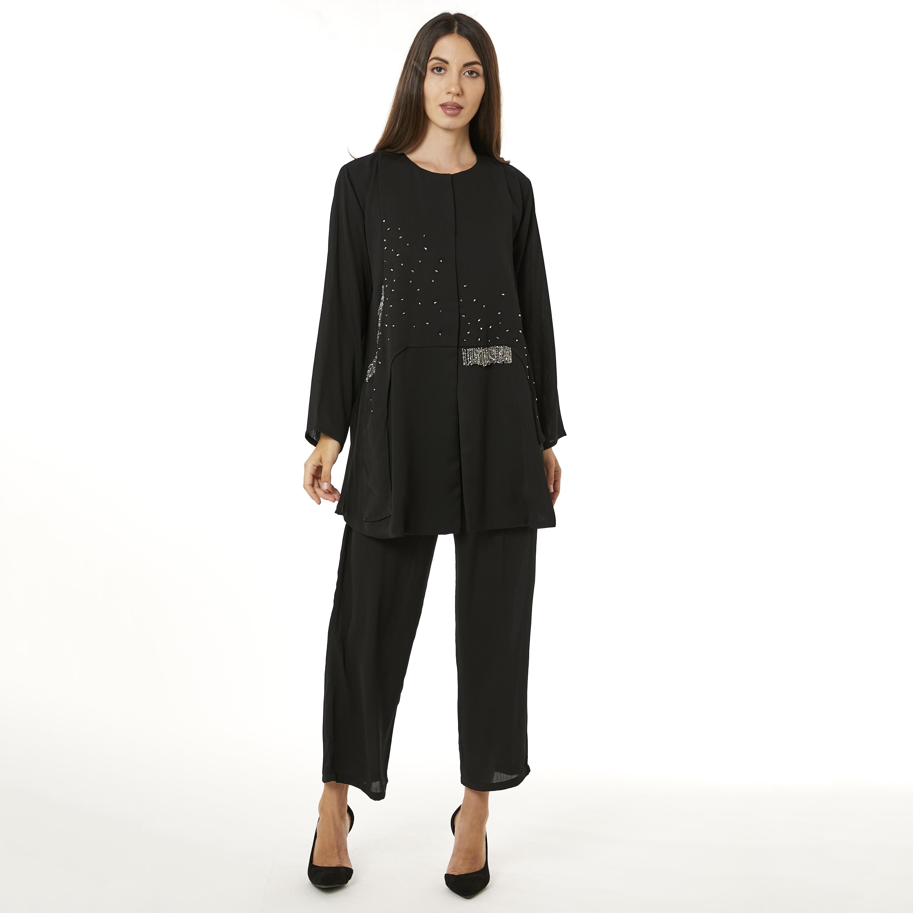 Moistreet 2-Piece Set Black Beaded Zoom Fabric Women's Top with Pants-women-arabicclothing-abayainner-image-1