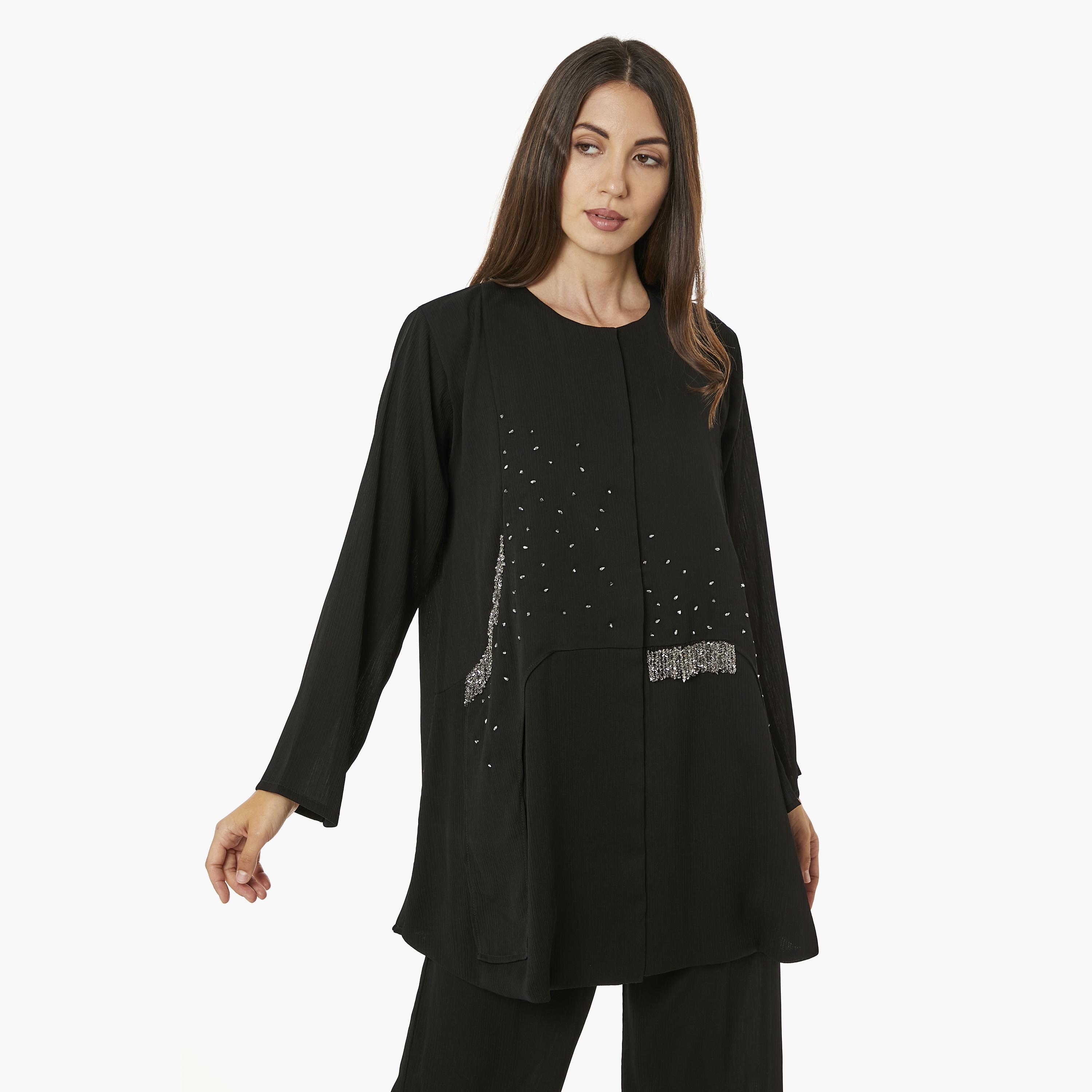 Moistreet 2-Piece Set Black Beaded Zoom Fabric Women's Top with Pants-women-arabicclothing-abayainner-image-2