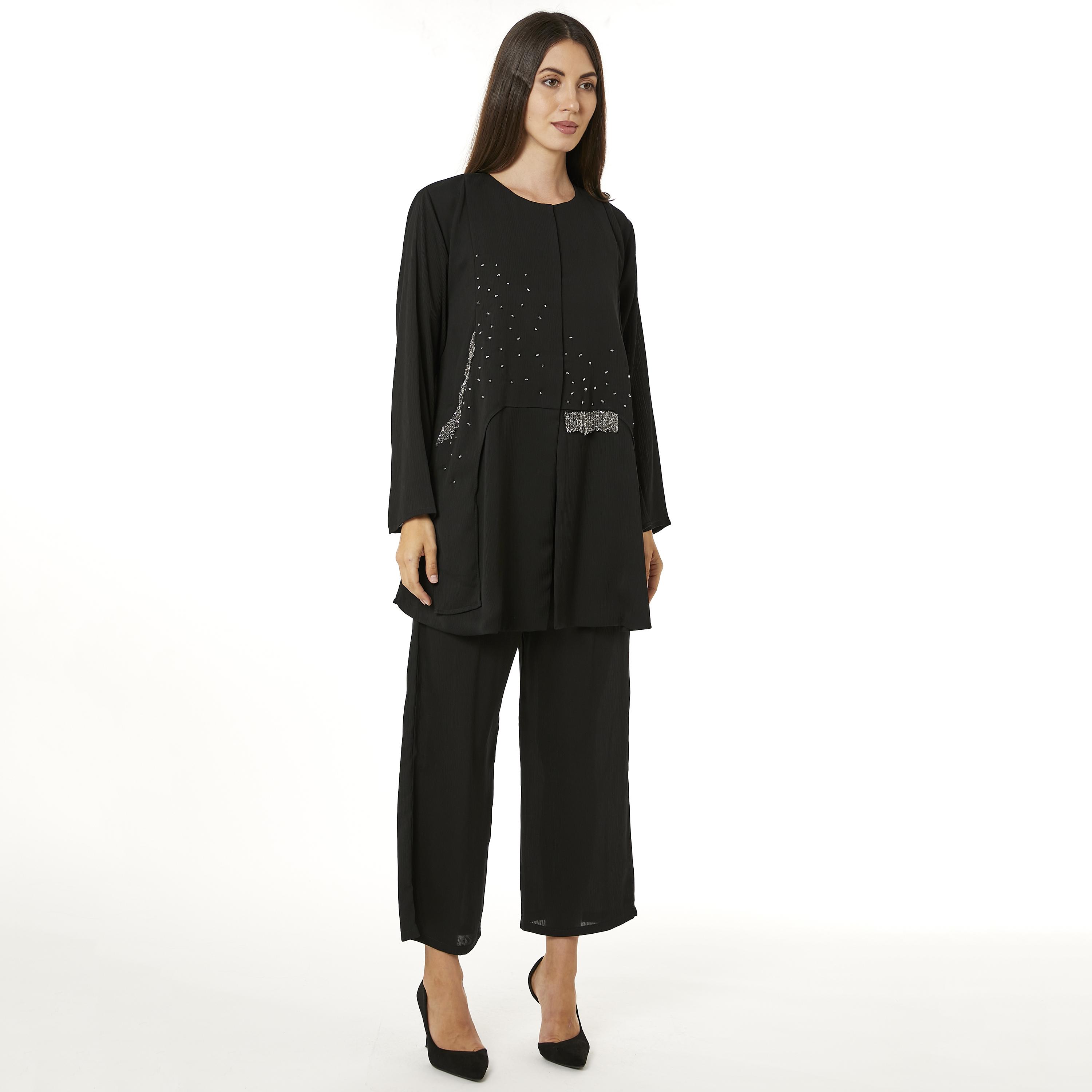 Moistreet 2-Piece Set Black Beaded Zoom Fabric Women's Top with Pants-women-arabicclothing-abayainner-image-3