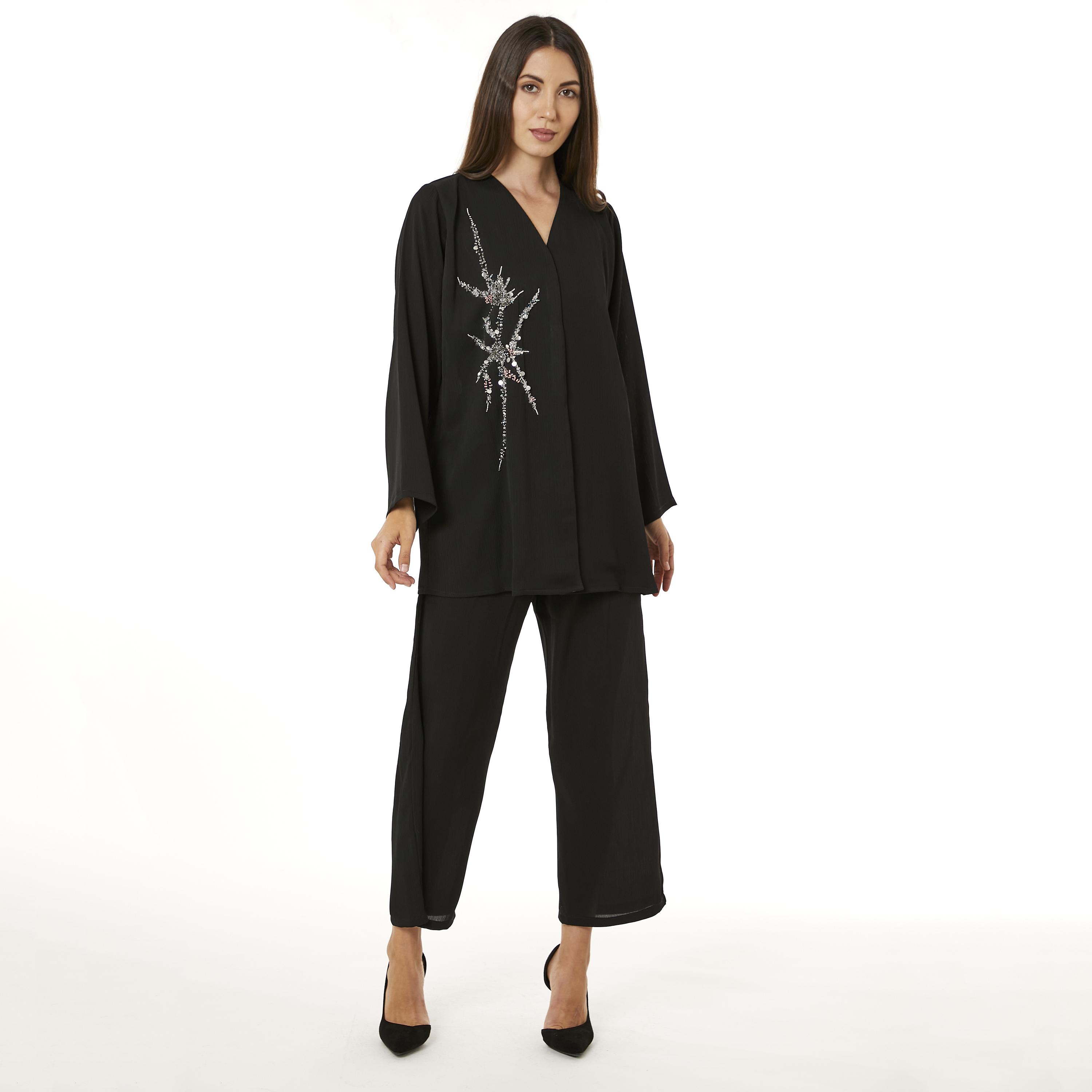 Moistreet 2-Piece Set Black Beaded Zoom Fabric Women's Top with Pants-women-arabicclothing-abayainner-image-1