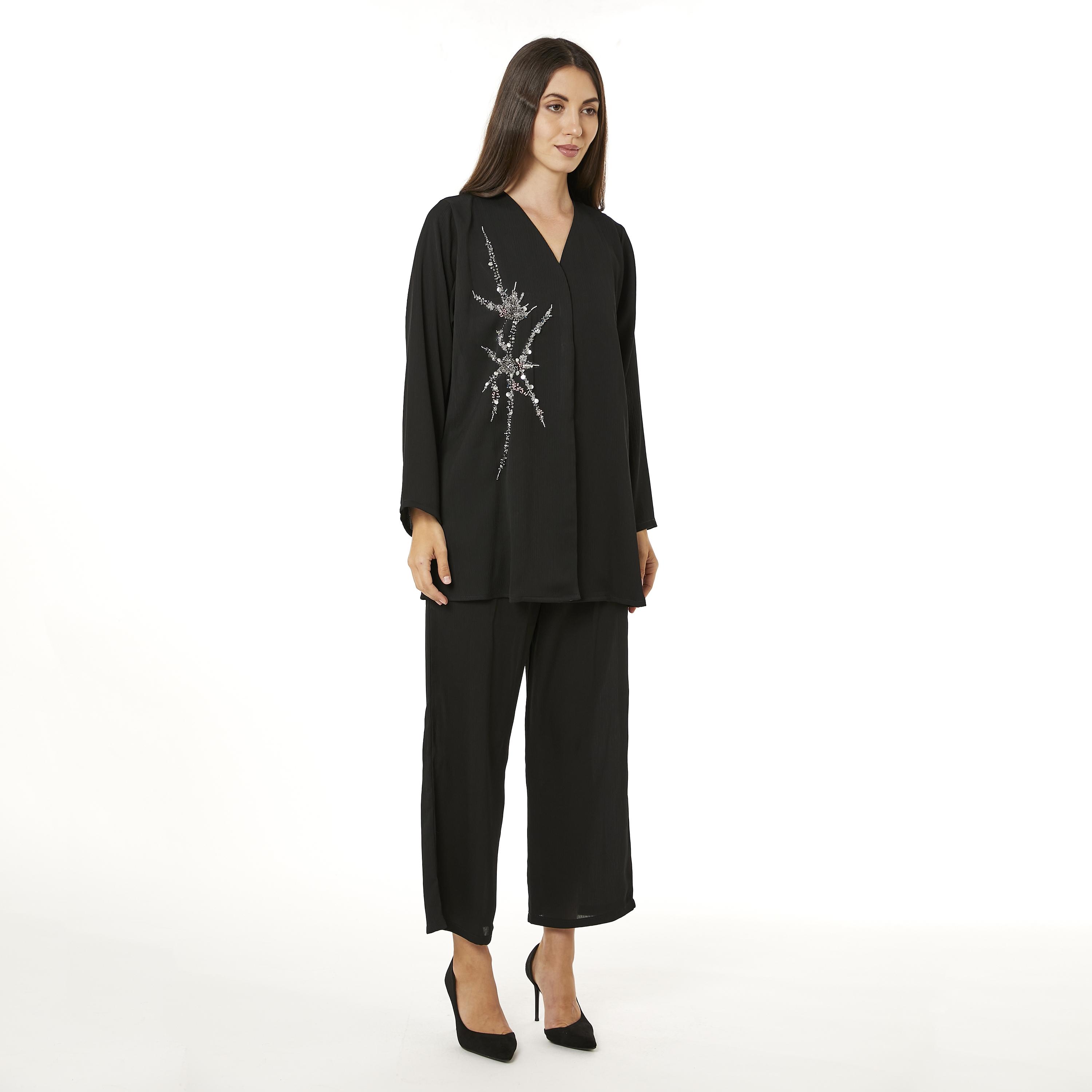 Moistreet 2-Piece Set Black Beaded Zoom Fabric Women's Top with Pants-women-arabicclothing-abayainner-image-2