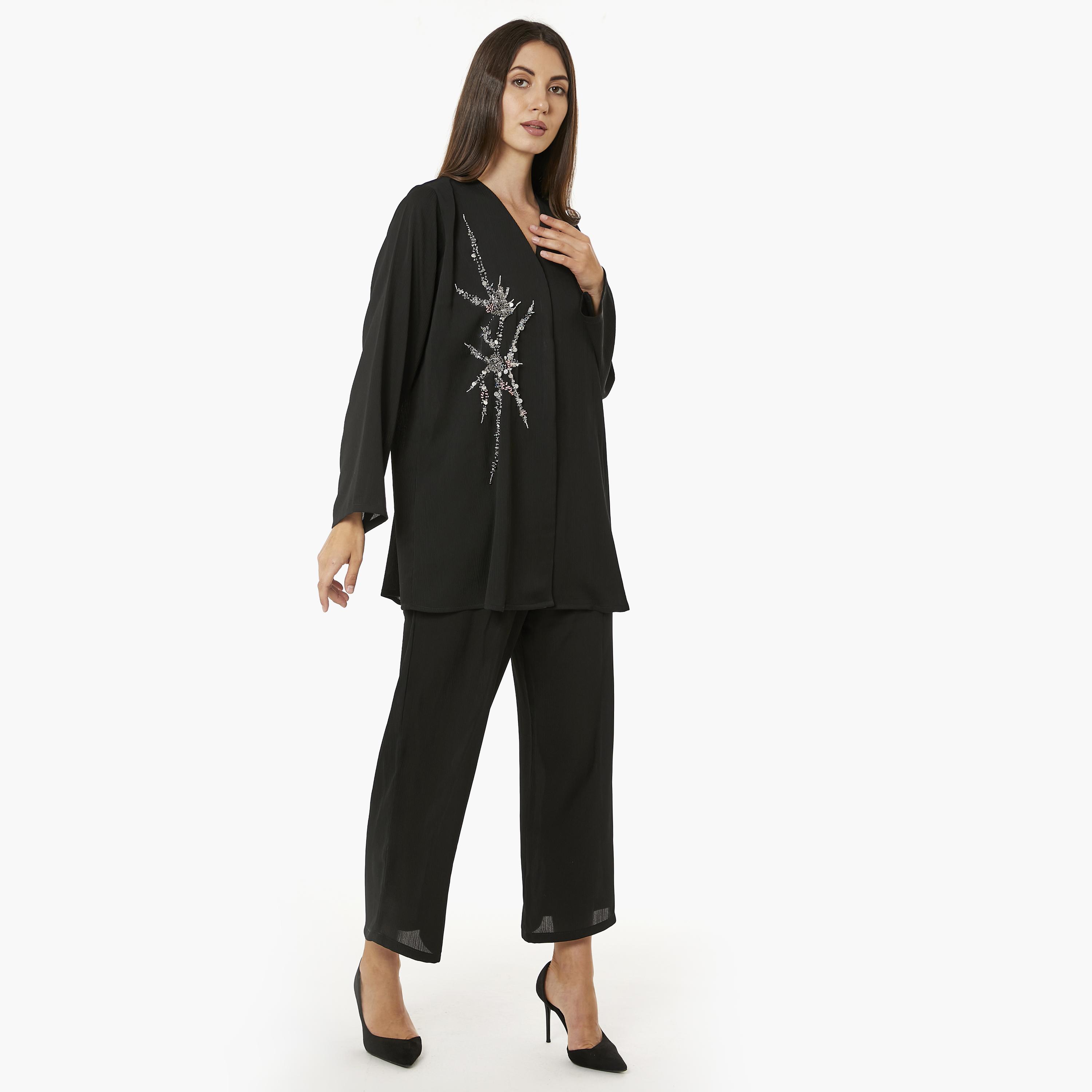 Moistreet 2-Piece Set Black Beaded Zoom Fabric Women's Top with Pants-women-arabicclothing-abayainner-image-3
