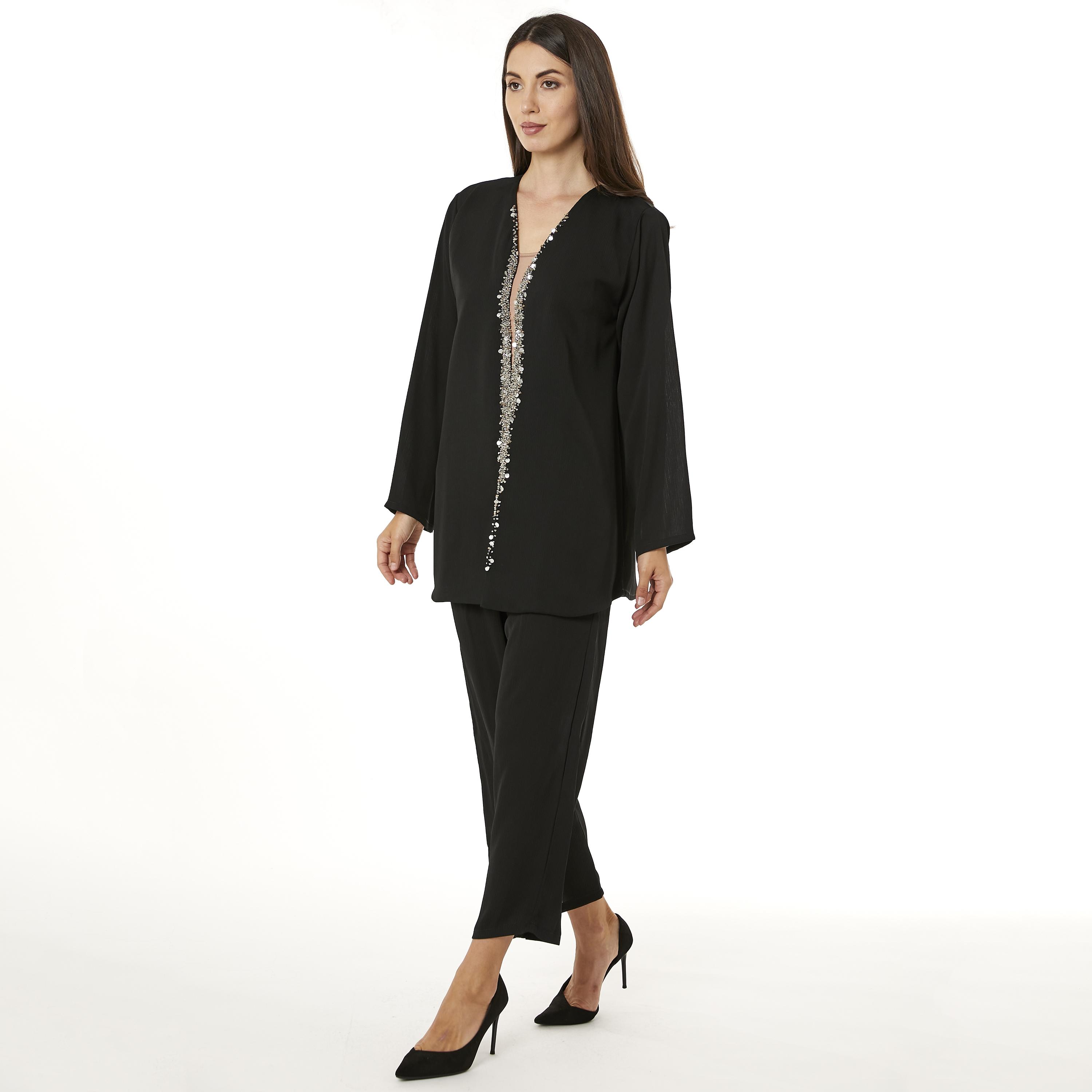 Moistreet 2-Piece Set Black Beaded Women's Top with Pants-women-arabicclothing-abayainner-image-1