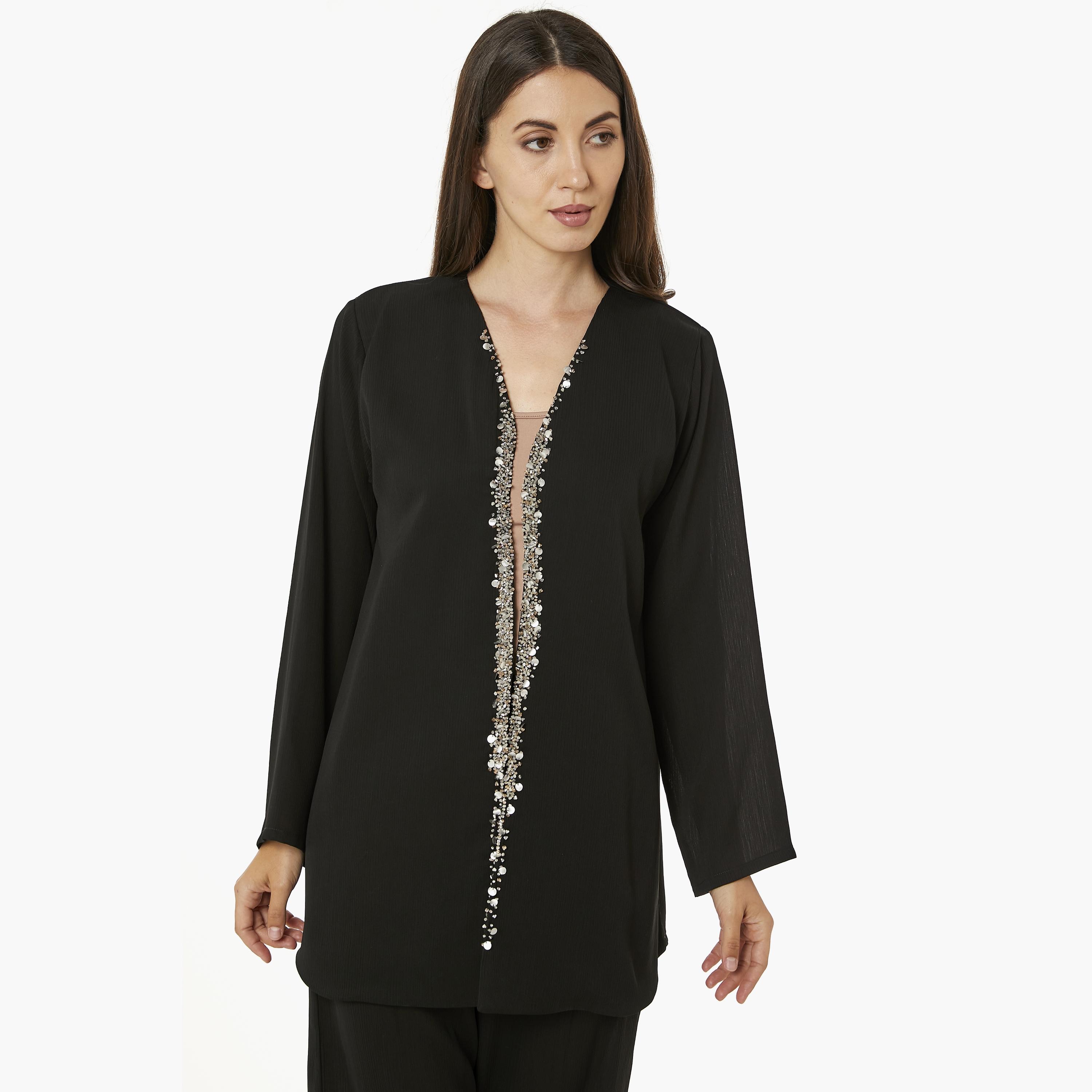 Moistreet 2-Piece Set Black Beaded Women's Top with Pants-women-arabicclothing-abayainner-image-2