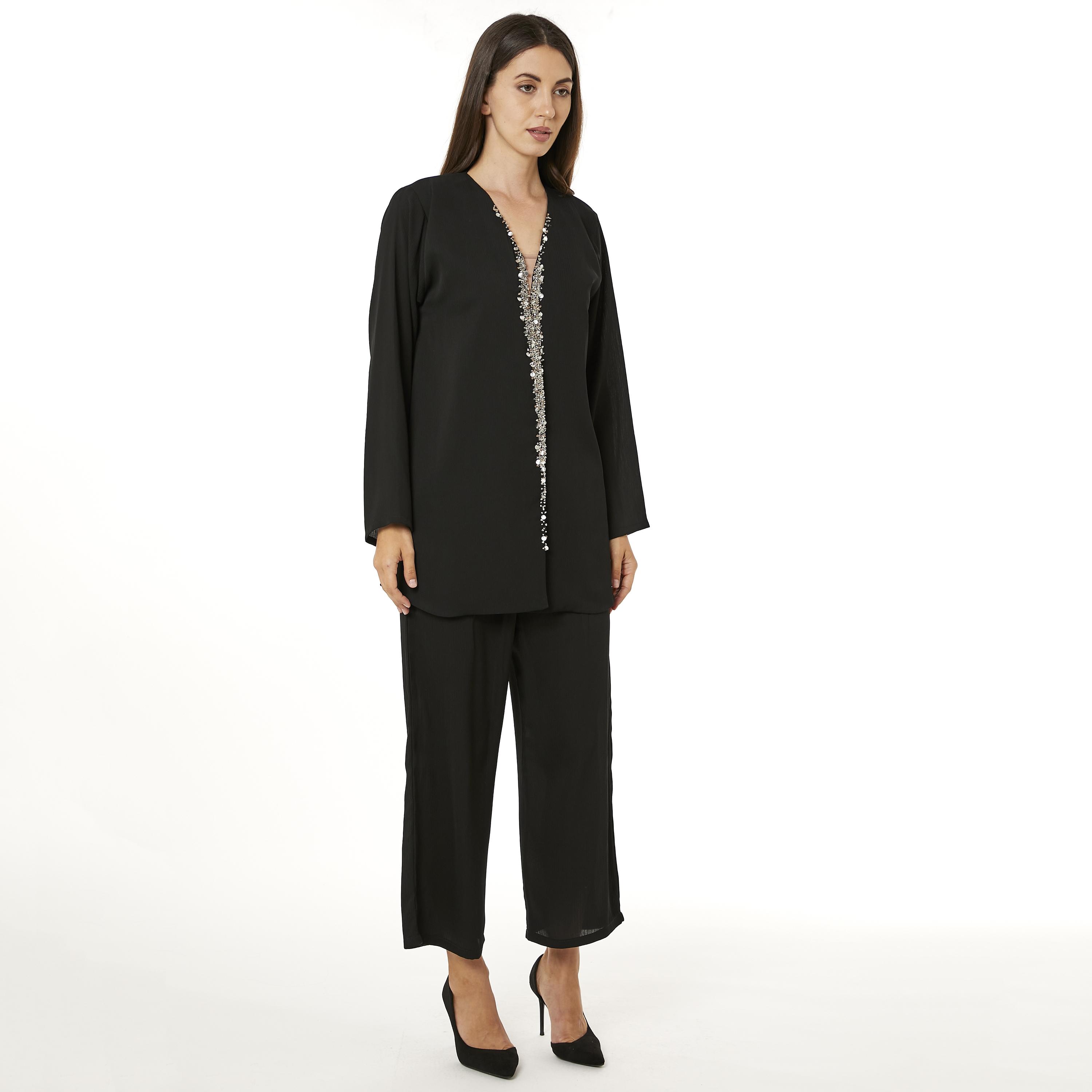 Moistreet 2-Piece Set Black Beaded Women's Top with Pants-women-arabicclothing-abayainner-image-3
