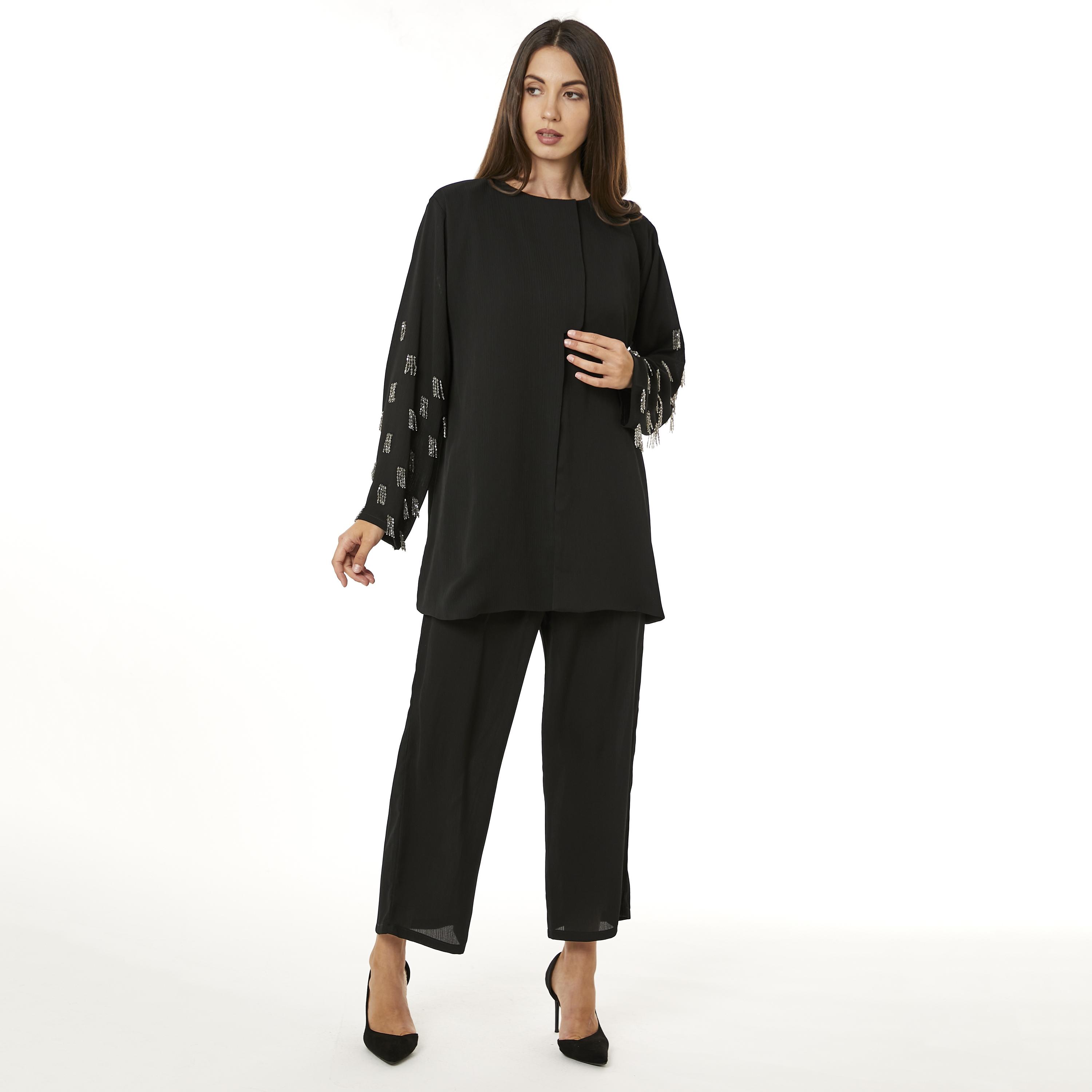 Moistreet 2-Piece Set Black Beaded Zoom Fabric Women's Top with Pants-women-arabicclothing-abayainner-image-1