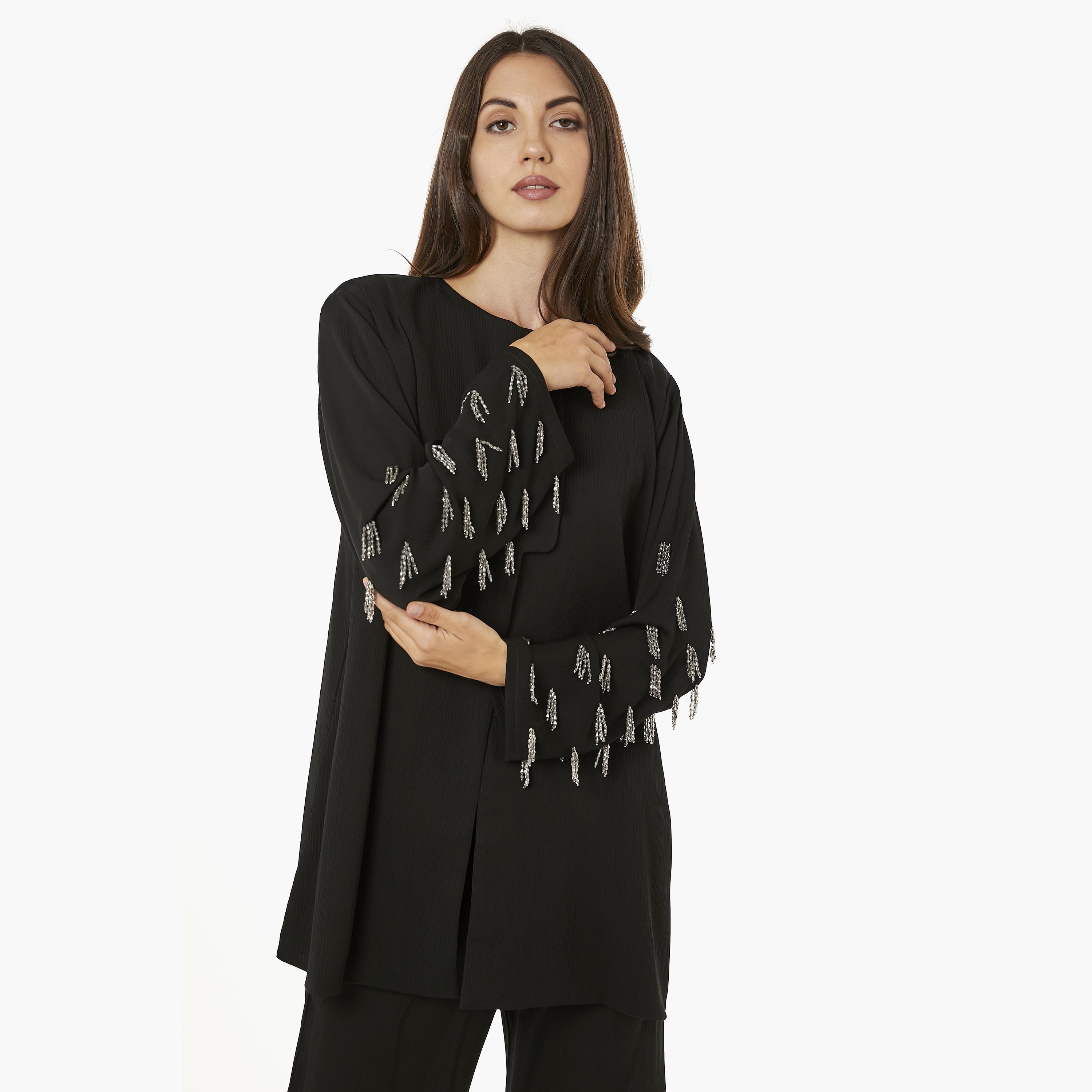 Moistreet 2-Piece Set Black Beaded Zoom Fabric Women's Top with Pants-women-arabicclothing-abayainner-image-2