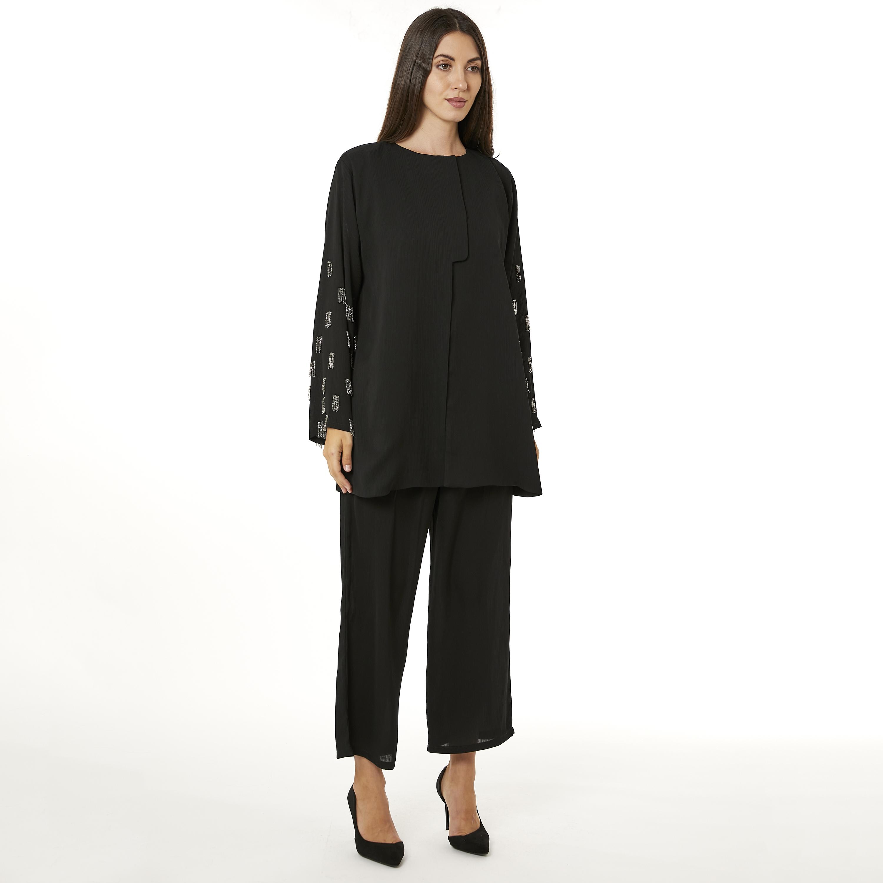 Moistreet 2-Piece Set Black Beaded Zoom Fabric Women's Top with Pants-women-arabicclothing-abayainner-image-3