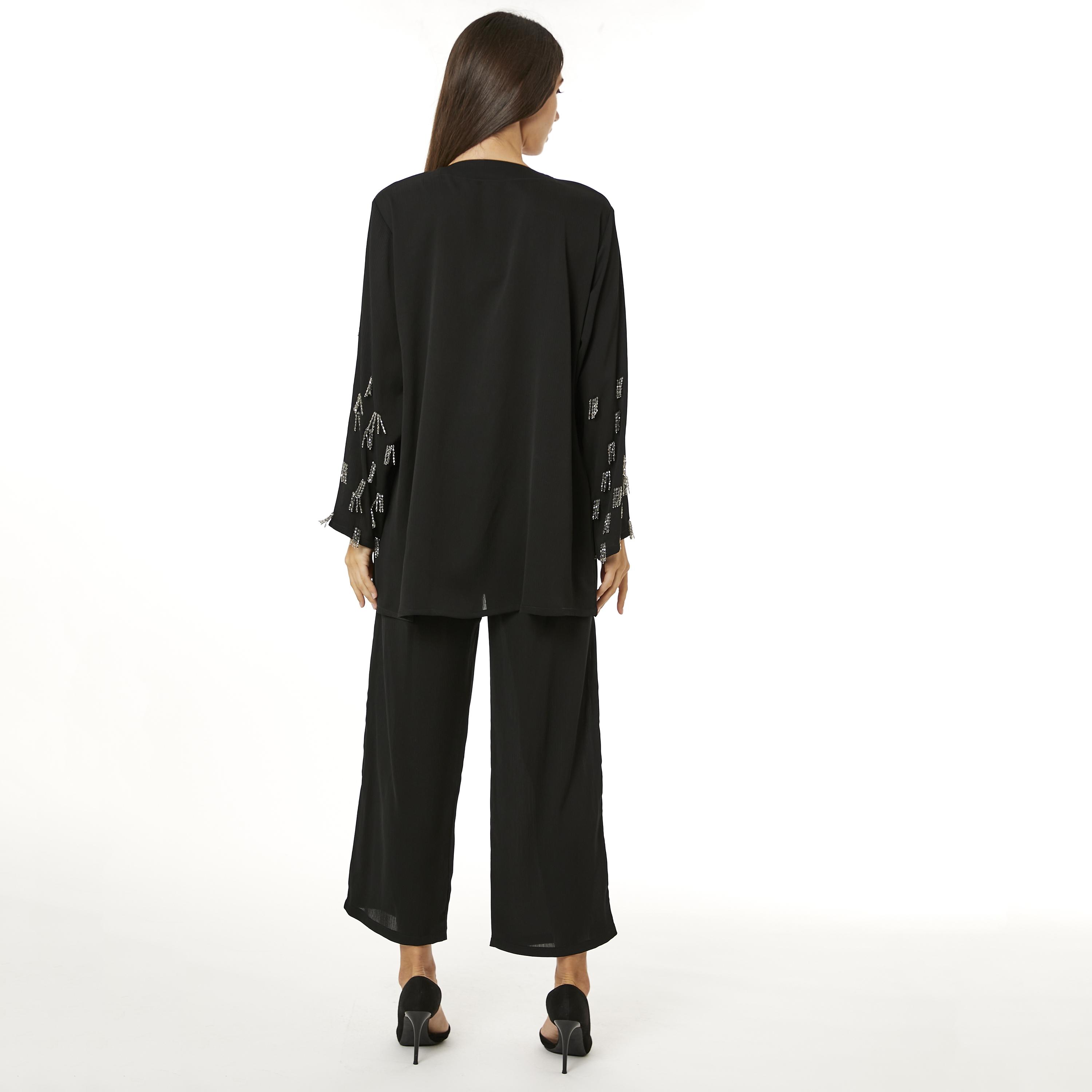 Moistreet 2-Piece Set Black Beaded Zoom Fabric Women's Top with Pants-women-arabicclothing-abayainner-image-4