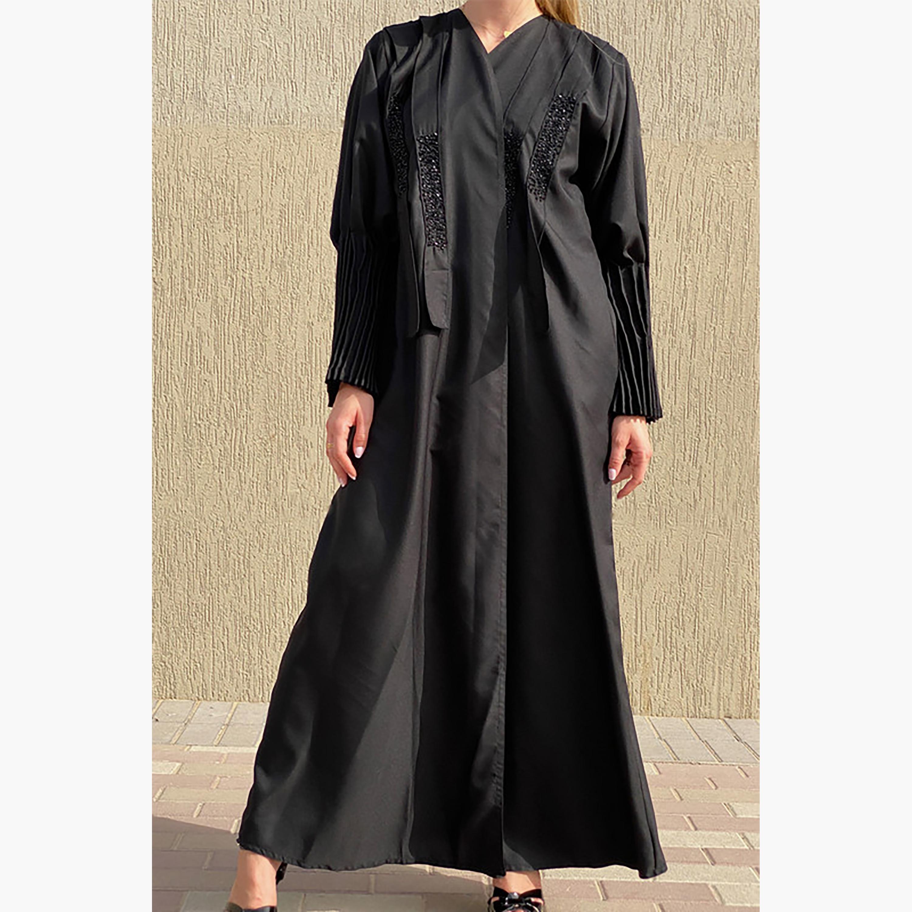 MOiSTREET Black Beaded Crepe Pleated Sleeves Abaya with Sheila-women-arabicclothing-abayas-image-1