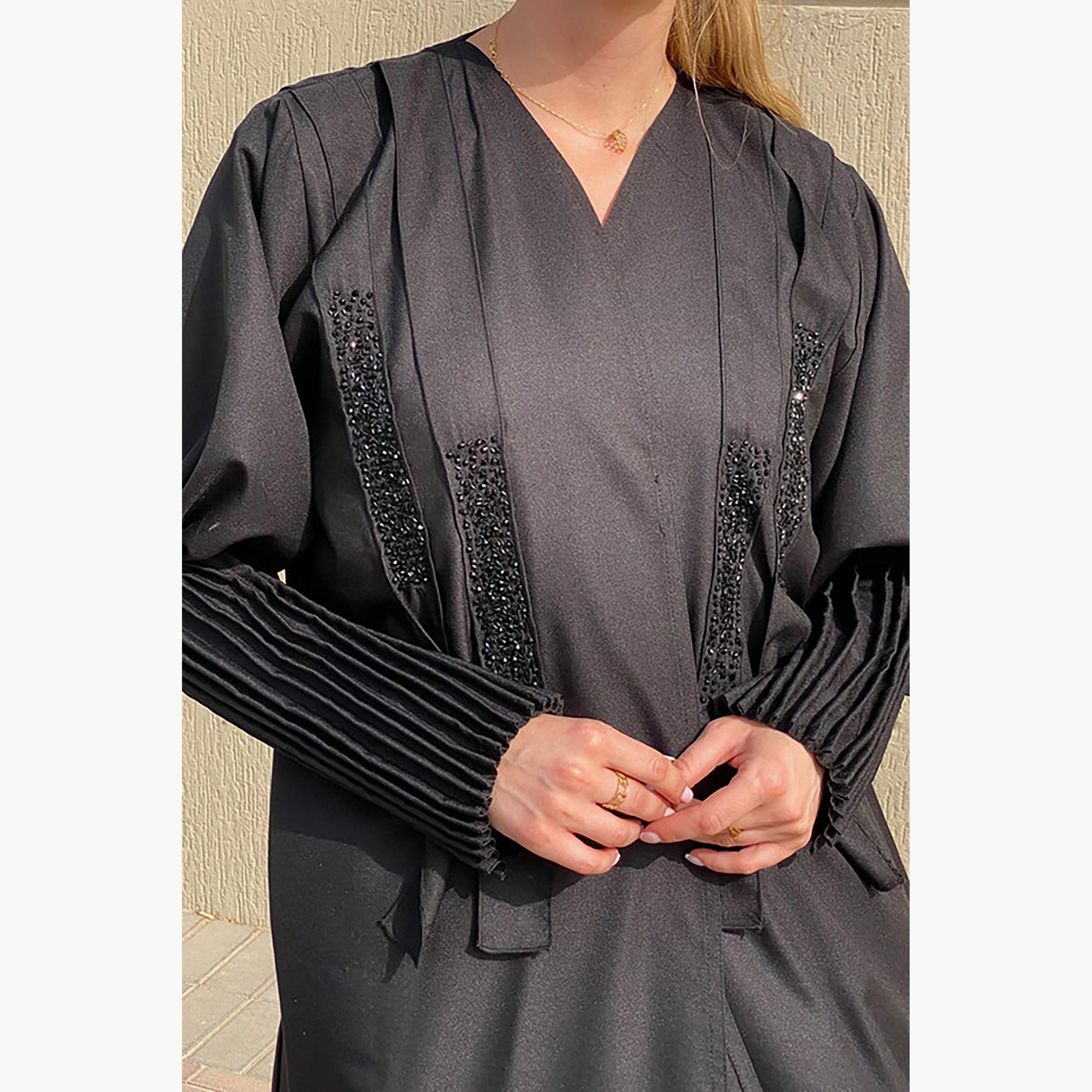MOiSTREET Black Beaded Crepe Pleated Sleeves Abaya with Sheila-women-arabicclothing-abayas-image-2