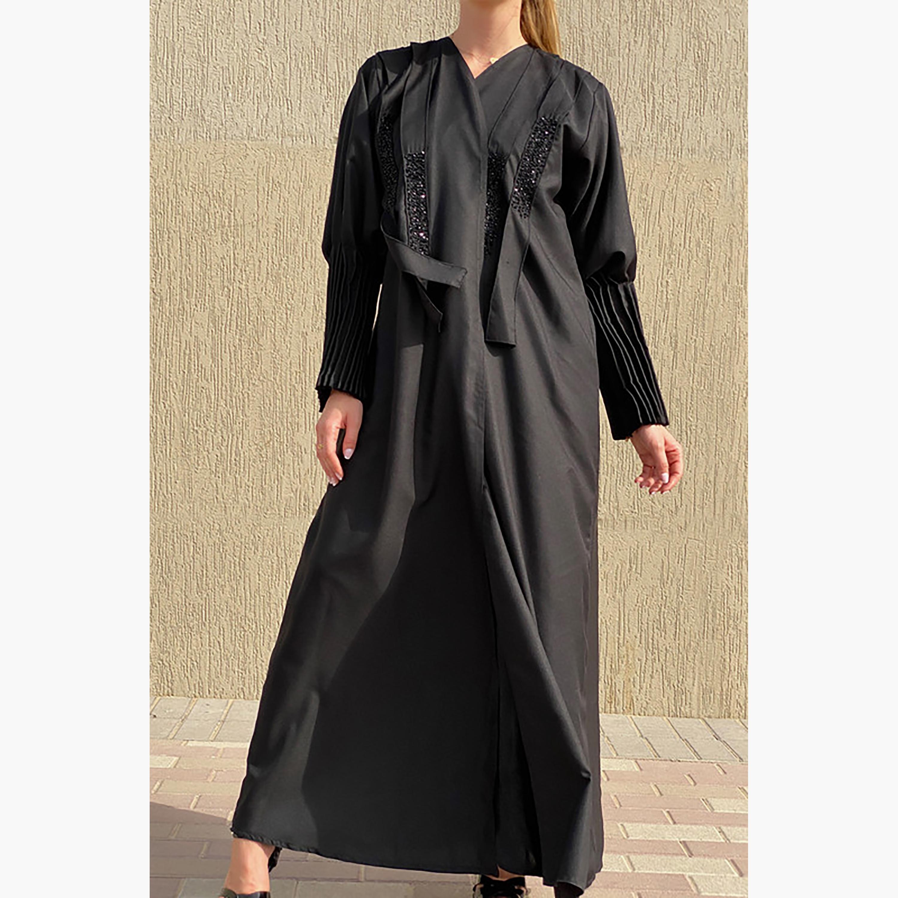 MOiSTREET Black Beaded Crepe Pleated Sleeves Abaya with Sheila-women-arabicclothing-abayas-image-3