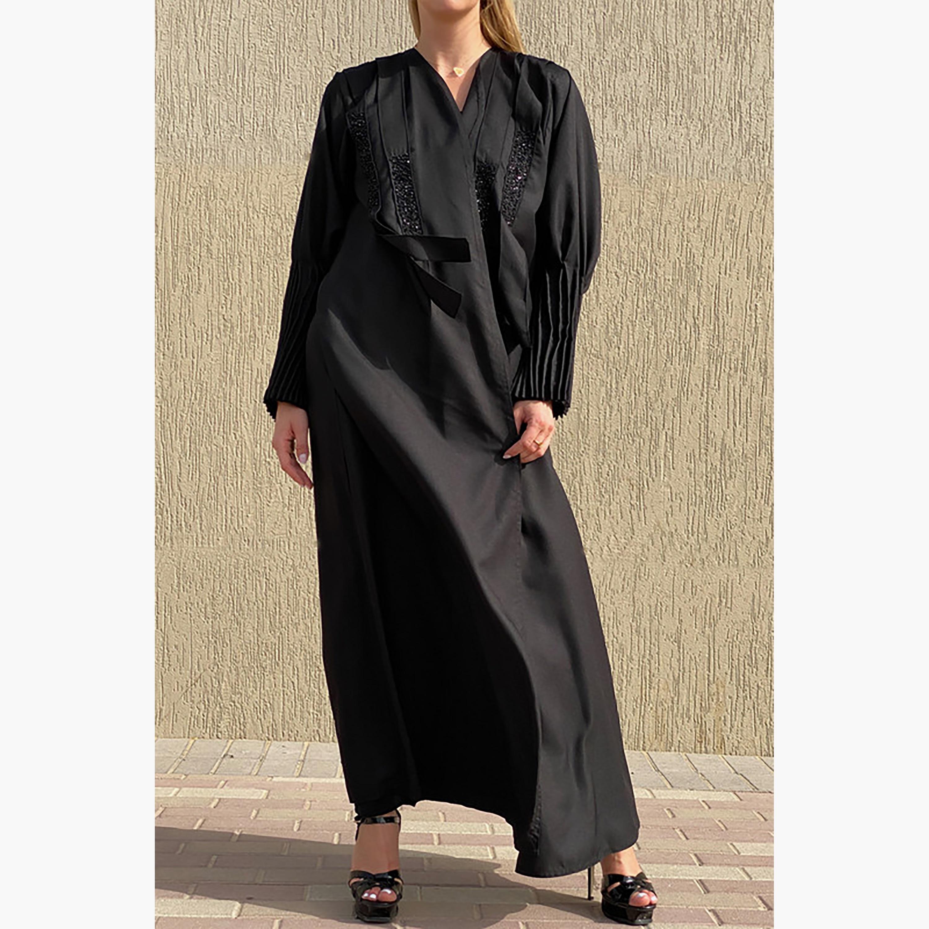 MOiSTREET Black Beaded Crepe Pleated Sleeves Abaya with Sheila-women-arabicclothing-abayas-image-4