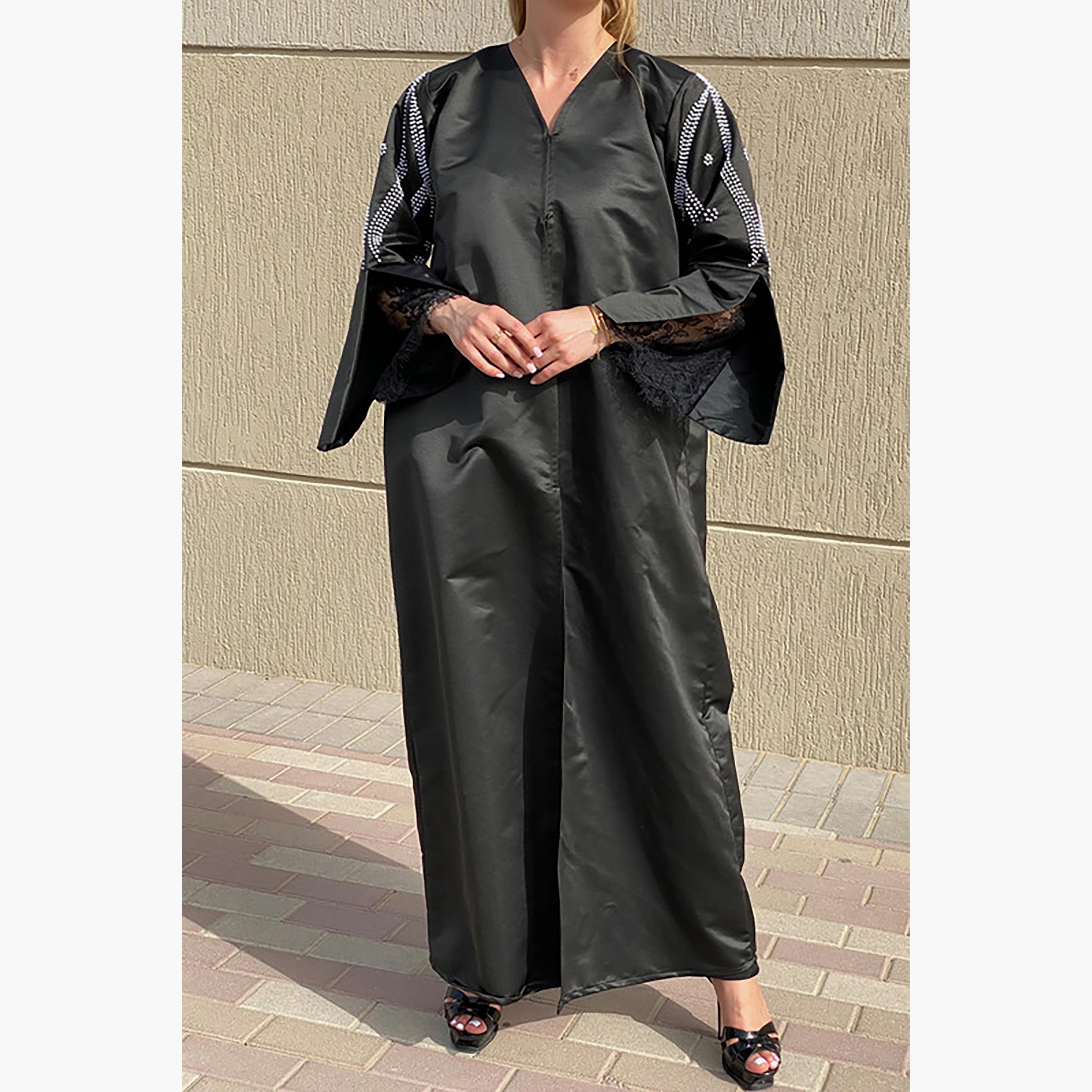 MOiSTREET Grey Beaded Satin Slit Pocket Abaya with Sheila-women-arabicclothing-abayas-image-1