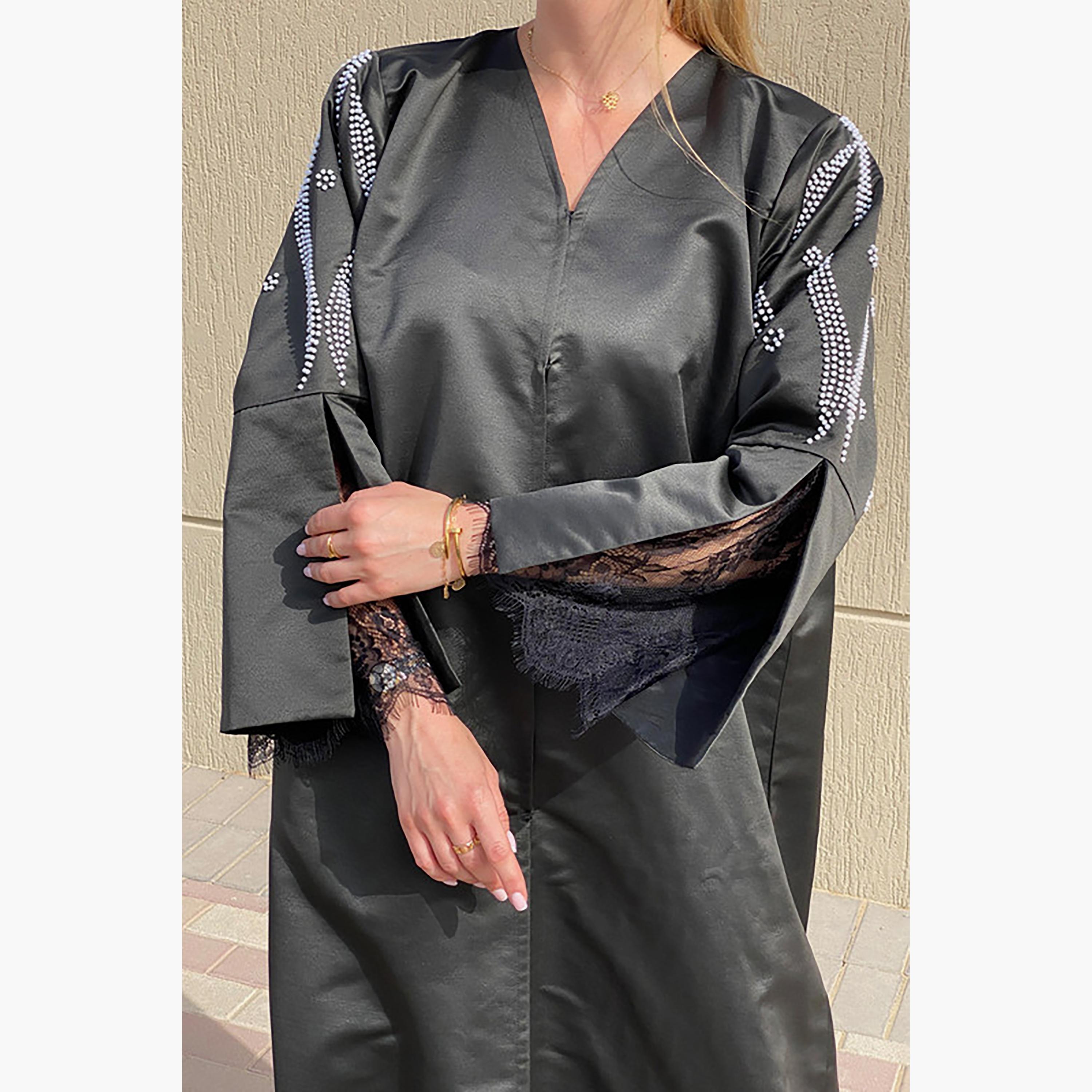 MOiSTREET Grey Beaded Satin Slit Pocket Abaya with Sheila-women-arabicclothing-abayas-image-2